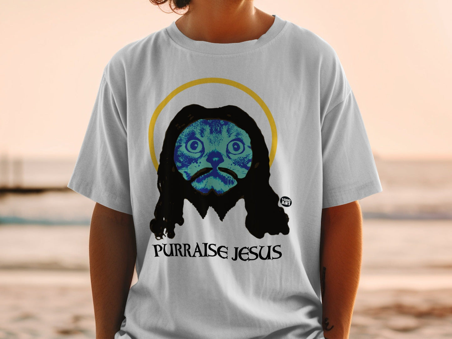 Purraise Jesus Cat Design Graphic T-Shirt