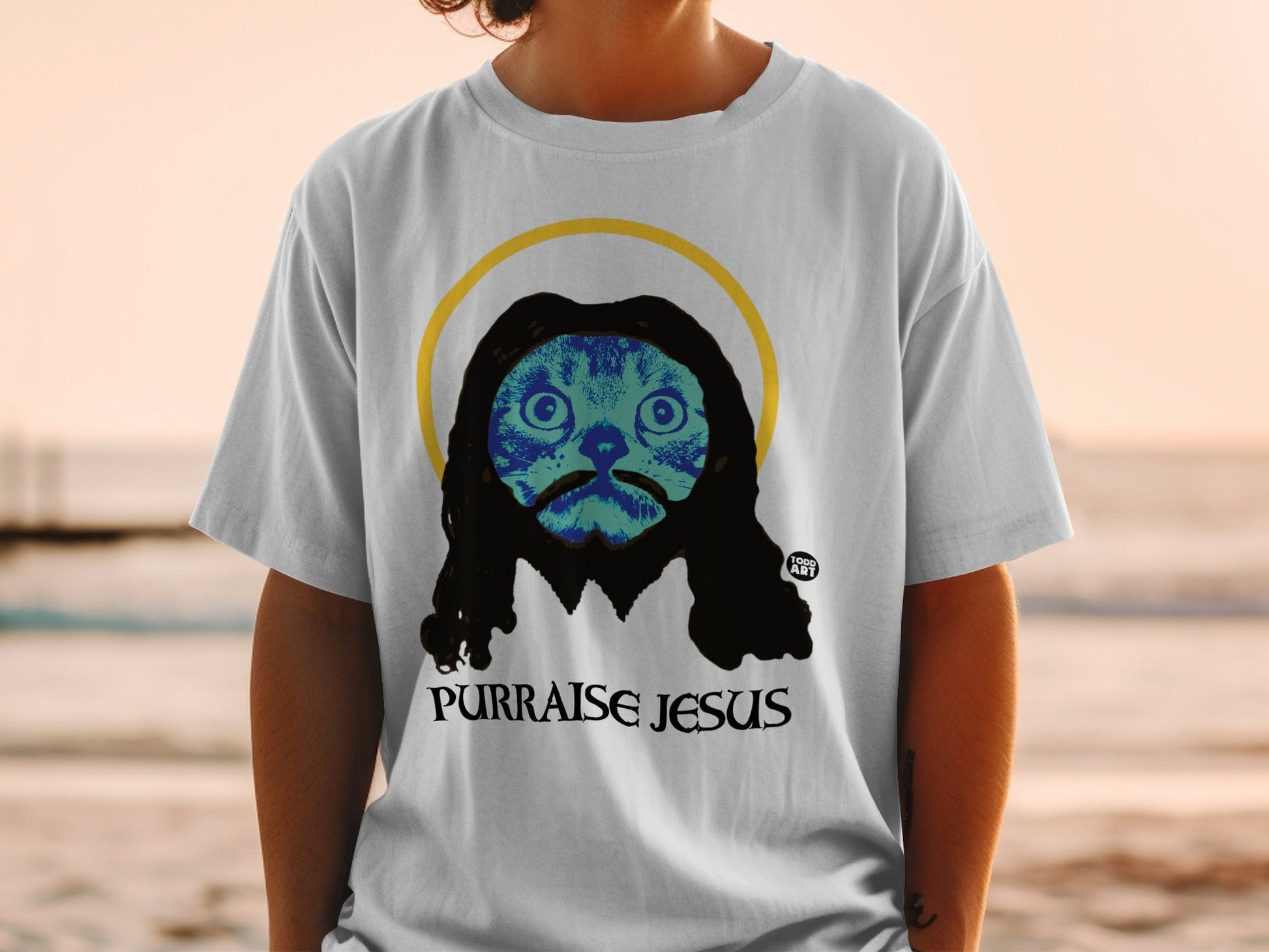 Purraise Jesus Cat Design Graphic T-Shirt