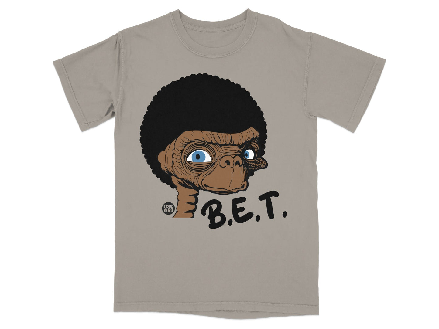 T-shirt with cartoon ET wearing an afro and "B.E.T." text.