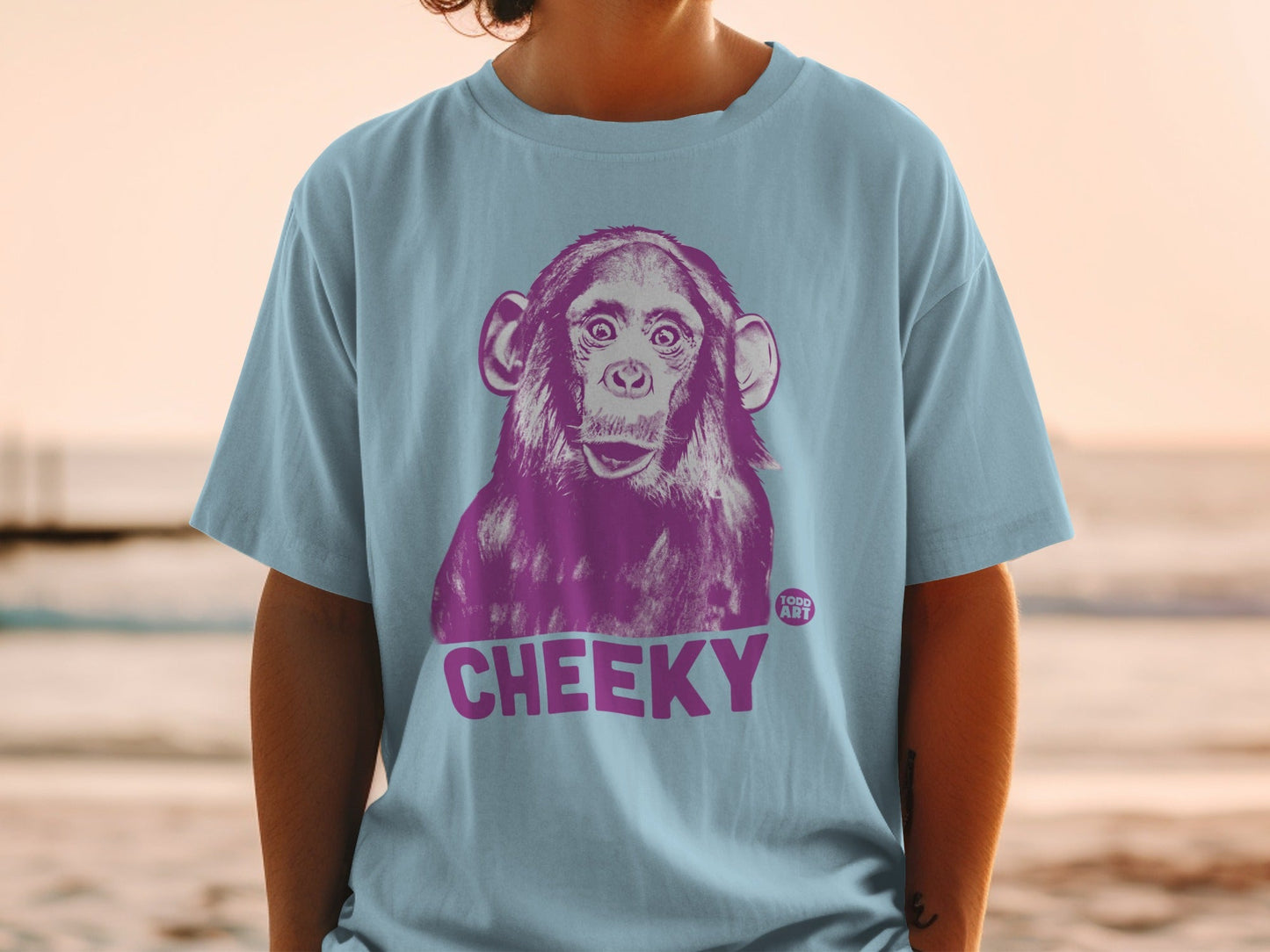 Light blue t-shirt with a purple monkey graphic and "CHEEKY" text.