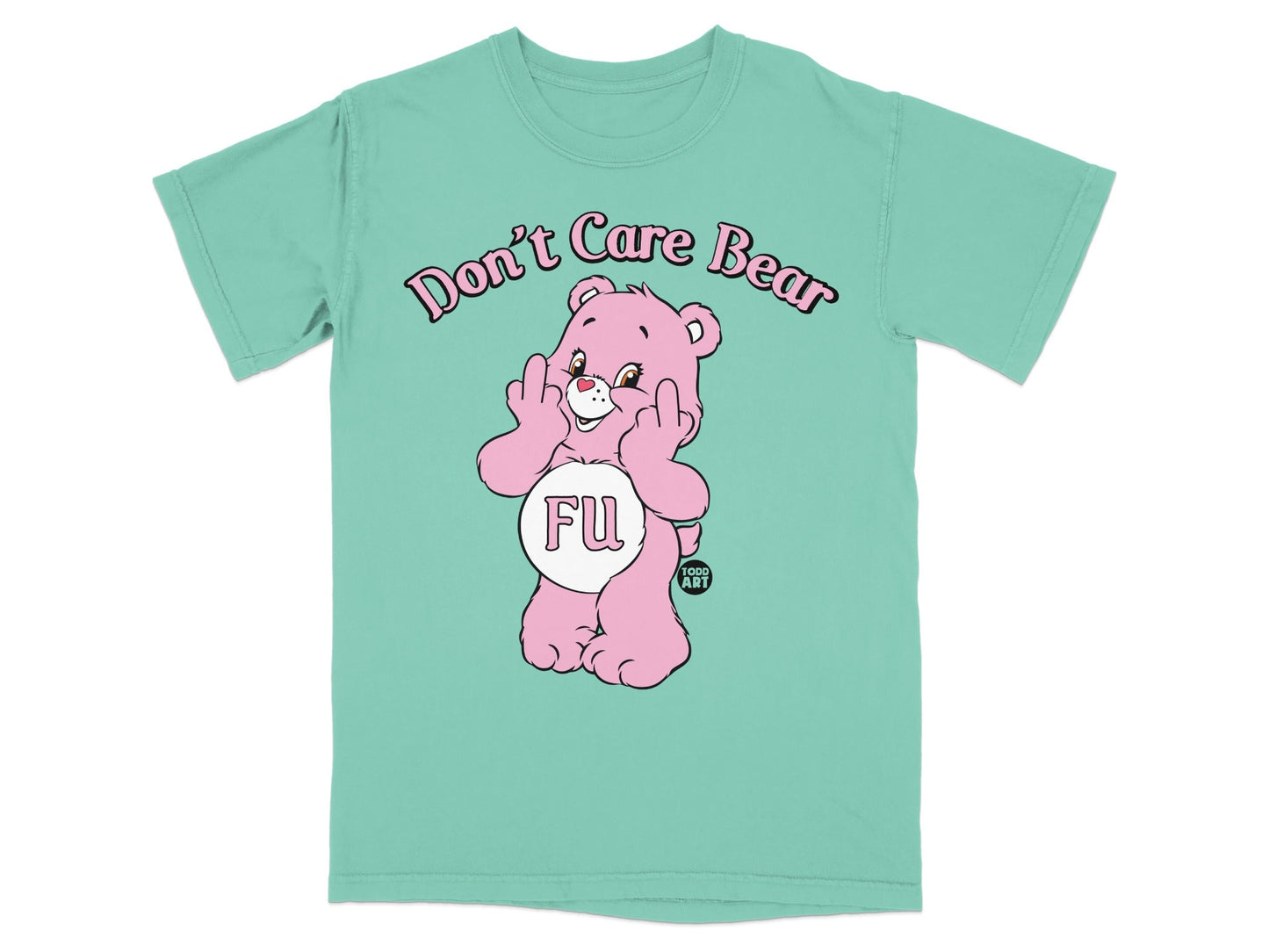 Pink teddy bear with "FU" on belly giving middle finger, "Don't Care Bear" text.