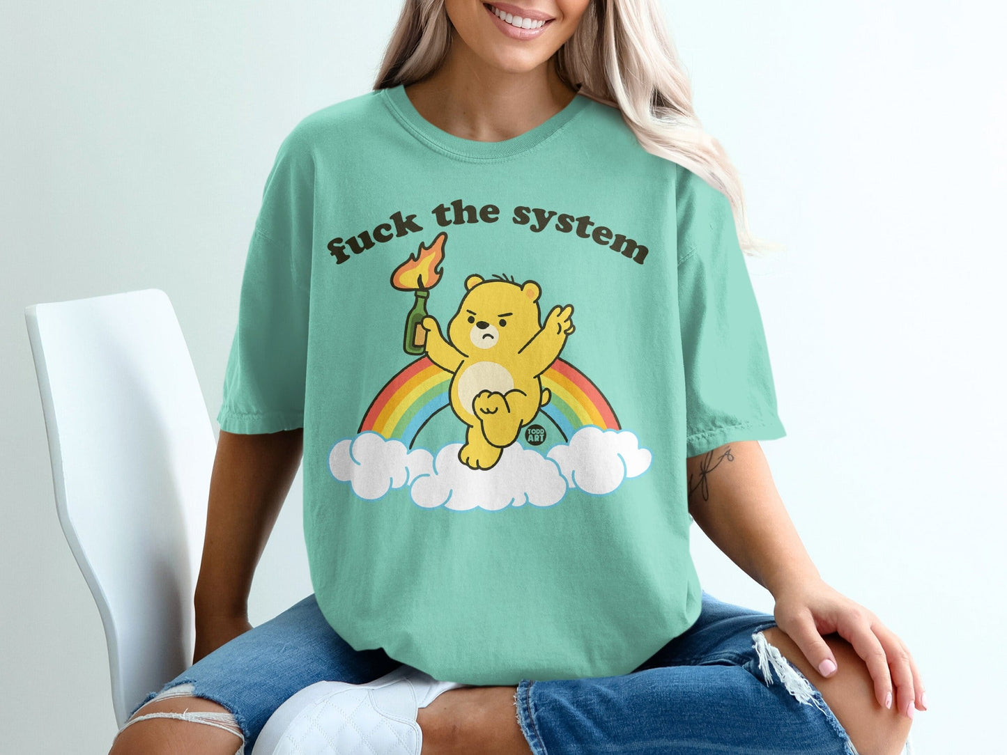 Fuck the System Bear and Rainbow Graphic T-Shirt
