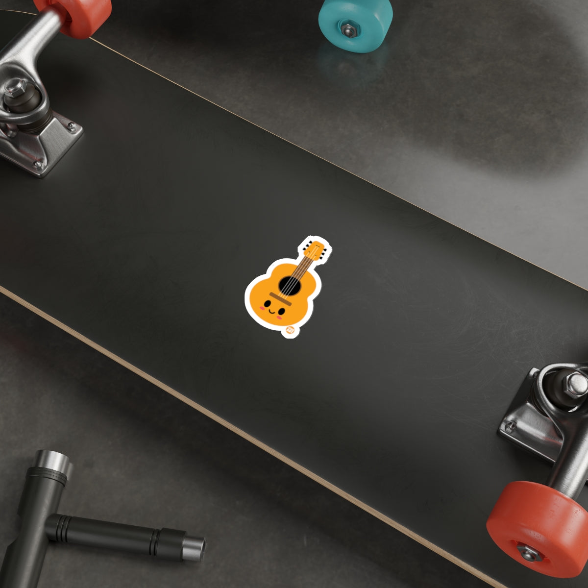 Cute Orange Guitar Sticker on Skateboard Deck Product