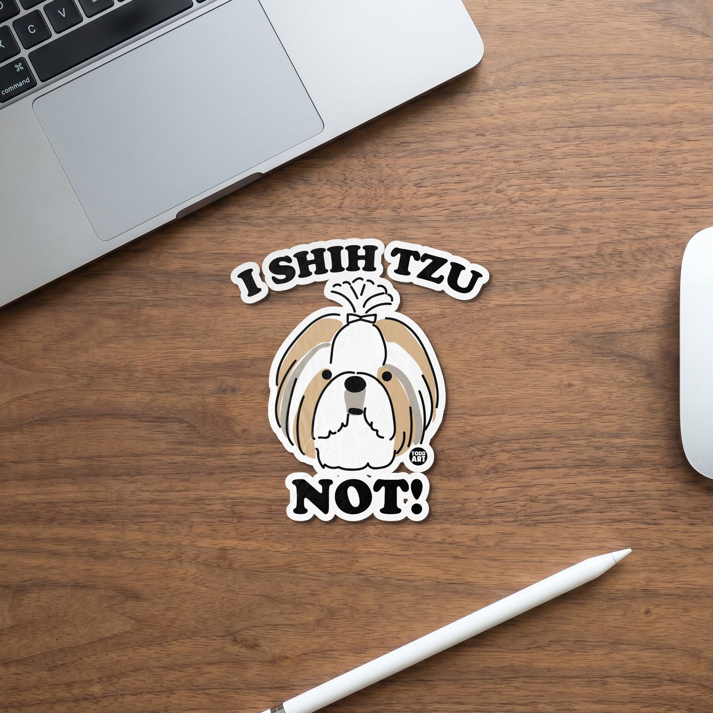 Shih Tzu dog cartoon sticker with text "I SHIH TZU NOT!"