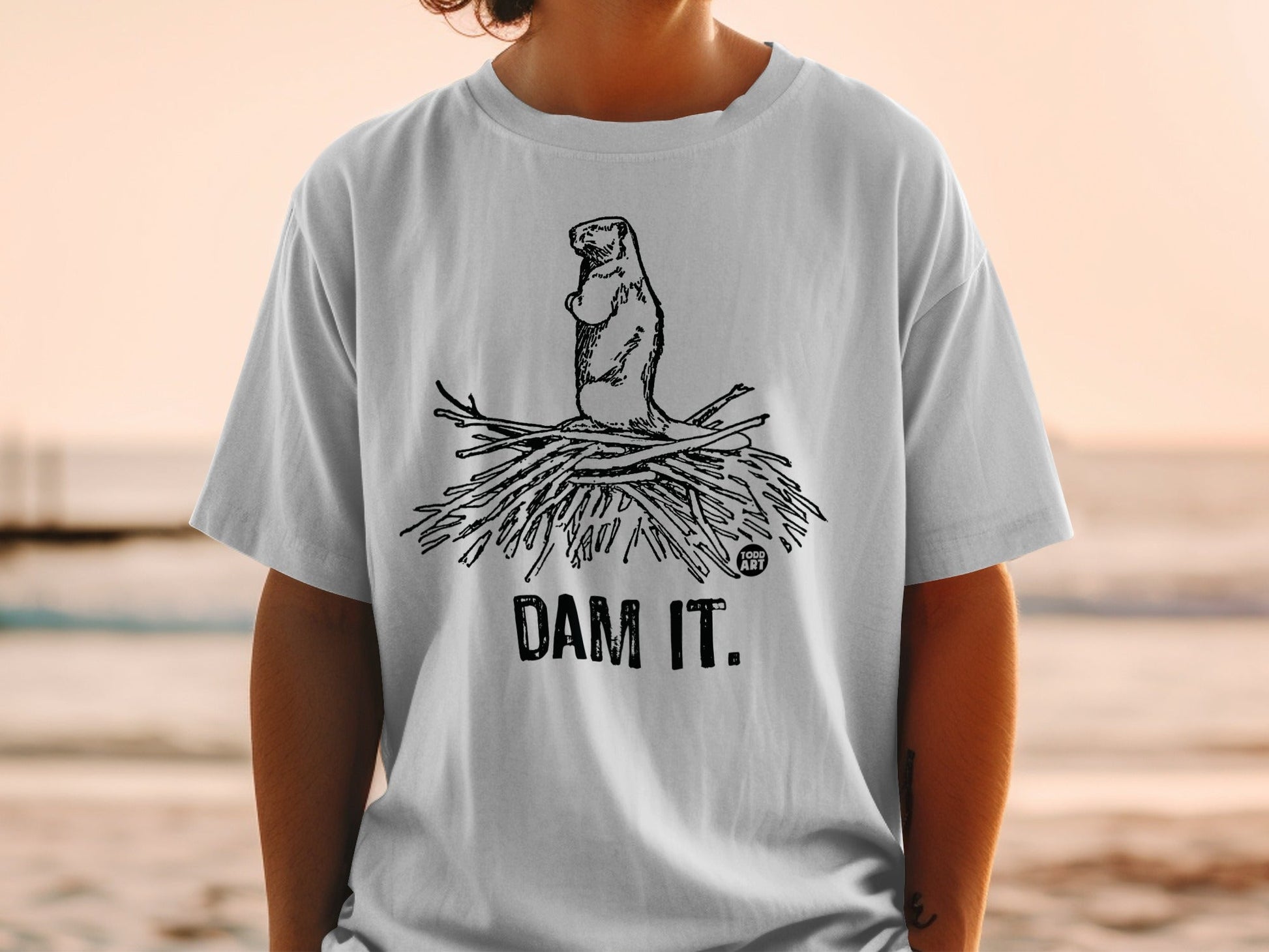 Funny Dam It Otter Standing on Sticks Graphic Tee Shirt