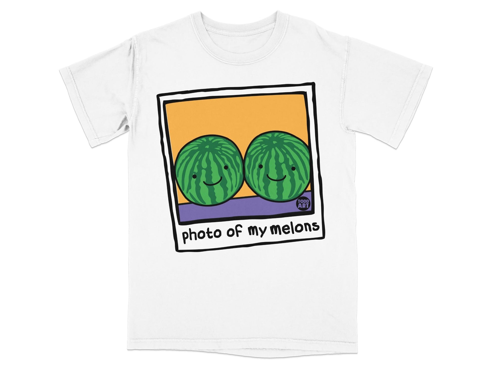 Two smiling watermelons in a cartoon polaroid with "photo of my melons" text.