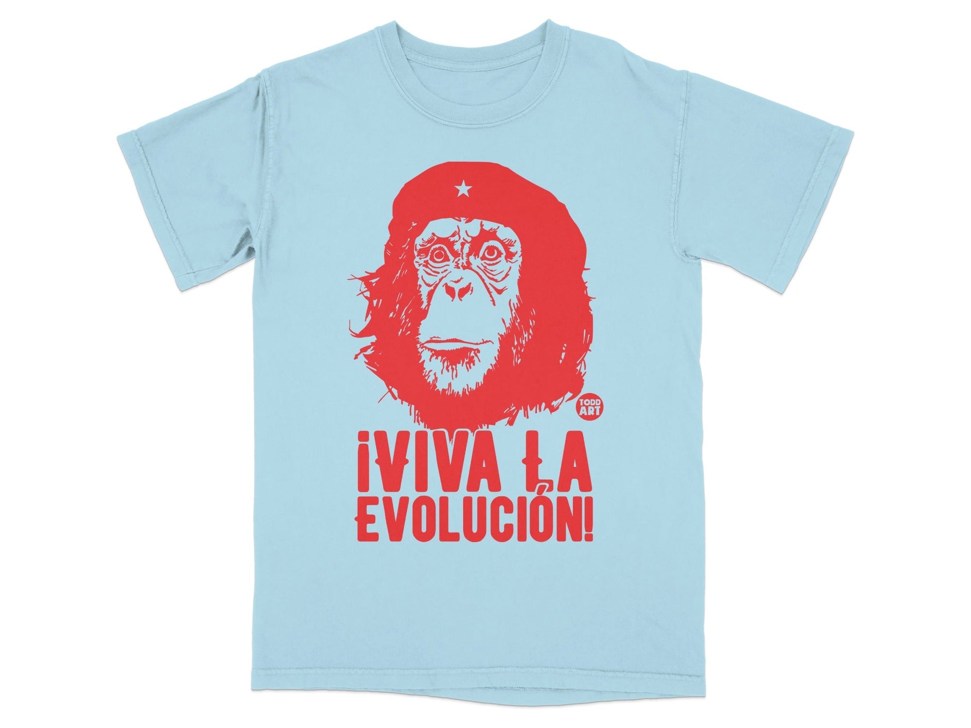 Light blue t-shirt with red graphic of Che Guevara and "¬°VIVA LA EVOLUCI√ìN!" text.