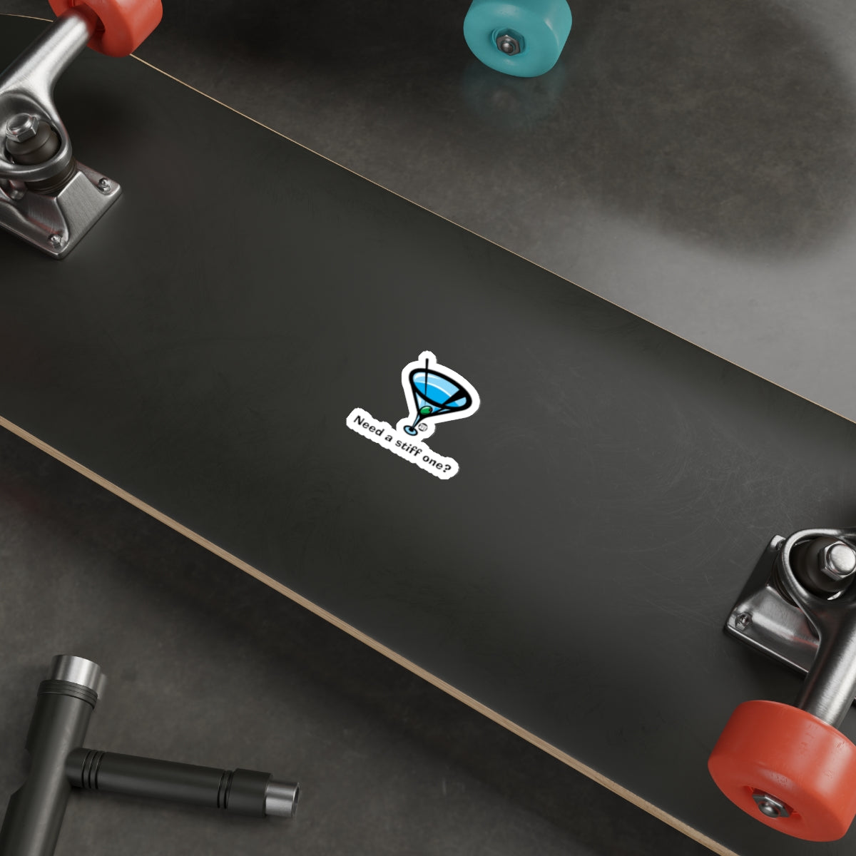 Skateboard with Martini Glass Sticker Design