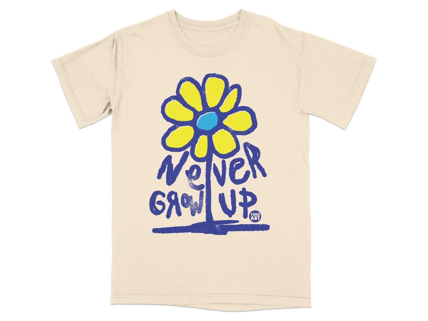 Cream t-shirt with blue "Never Grow Up" text and yellow flower graphic.