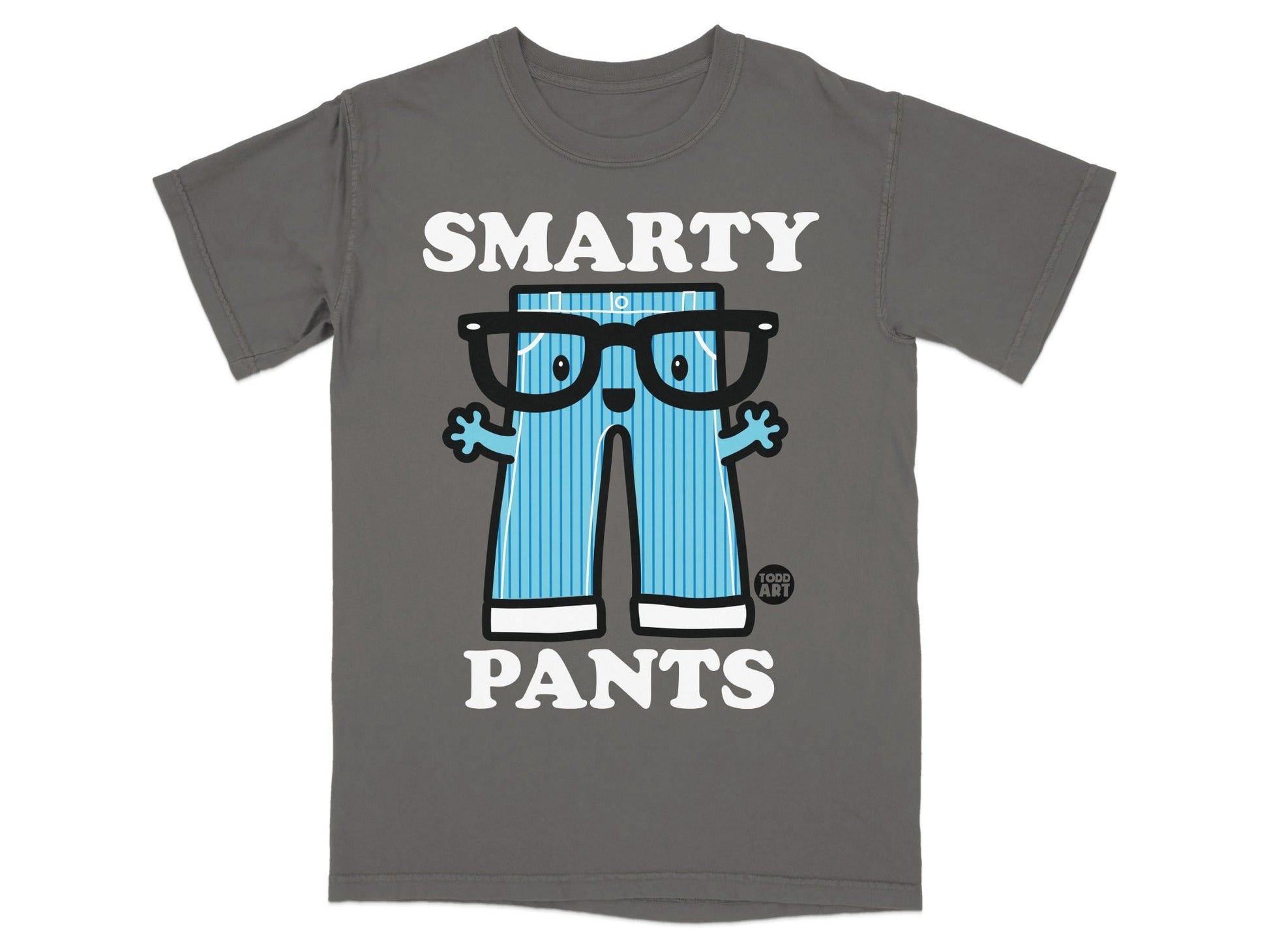 Gray t-shirt with "SMARTY PANTS" text and cartoon pants character wearing glasses.