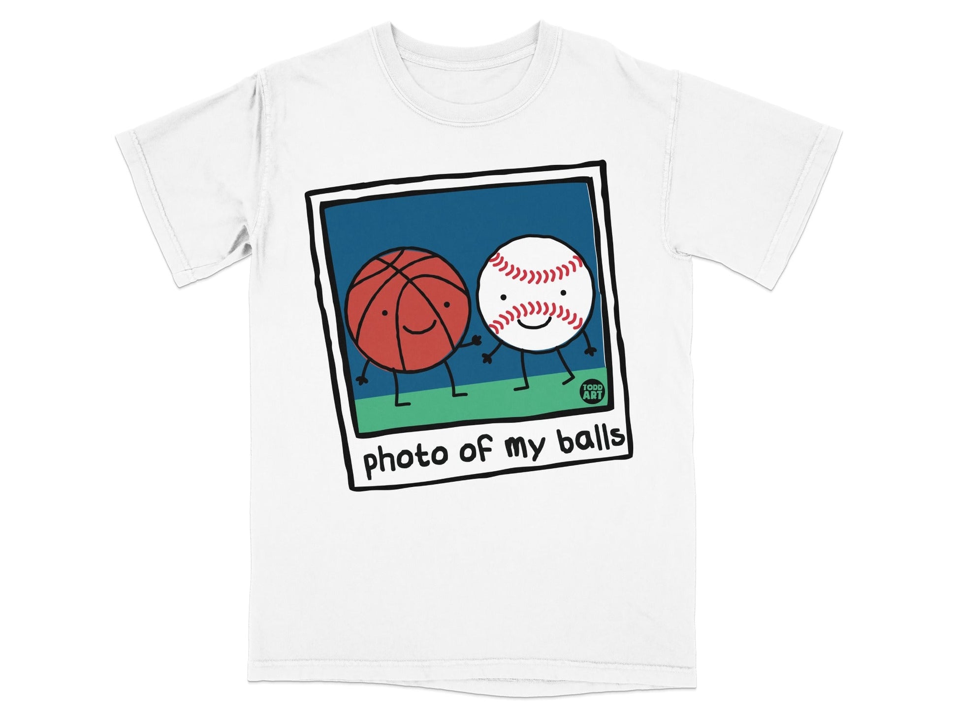 Cartoon basketball and baseball holding hands inside a polaroid frame, saying "photo of my balls."