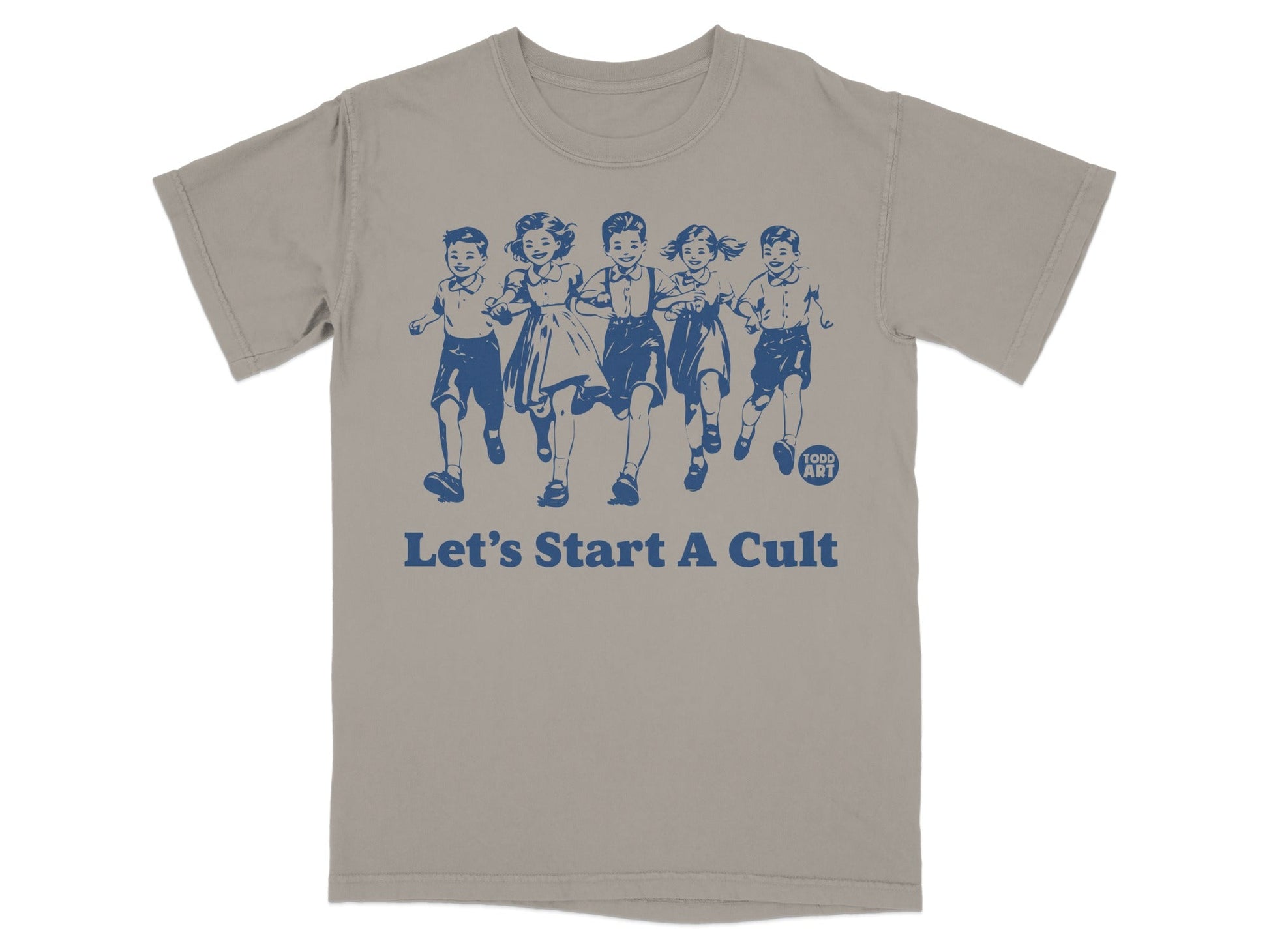 T-shirt with blue illustration of children running and text "Let's Start A Cult".