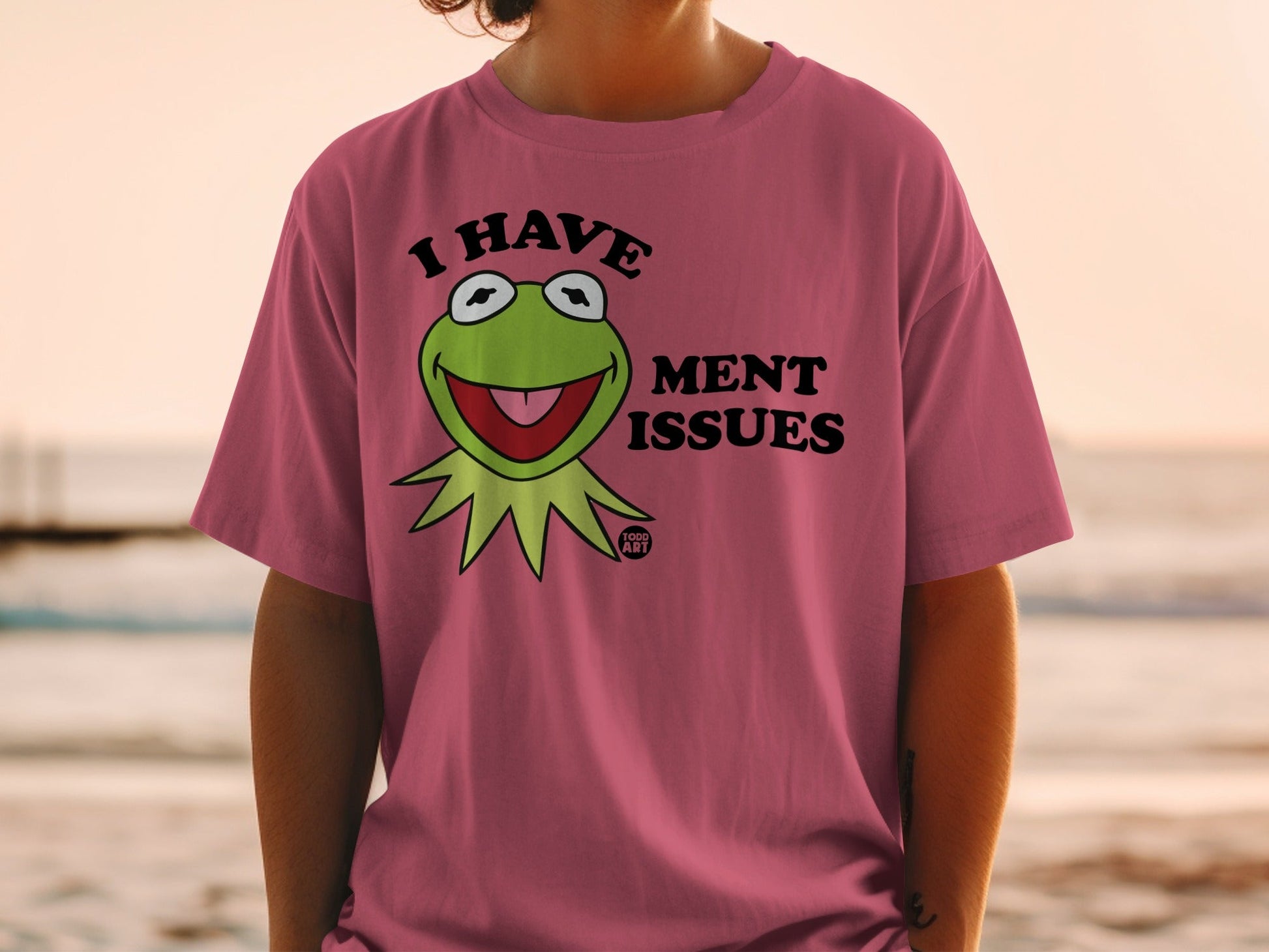 Pink t-shirt with Kermit the Frog and text "I HAVE MENT ISSUES".