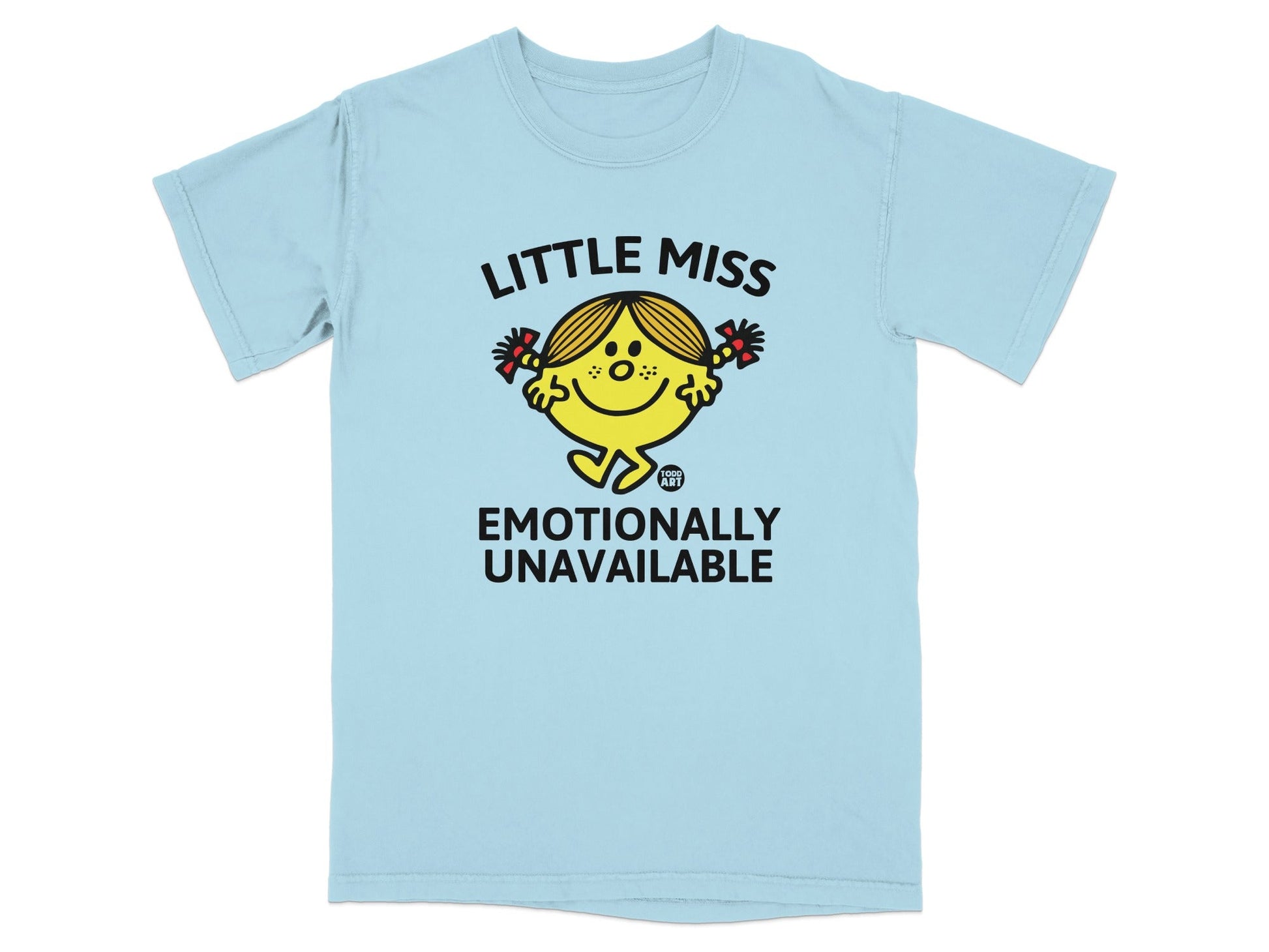 Light blue t-shirt with "Little Miss Emotionally Unavailable" graphic.