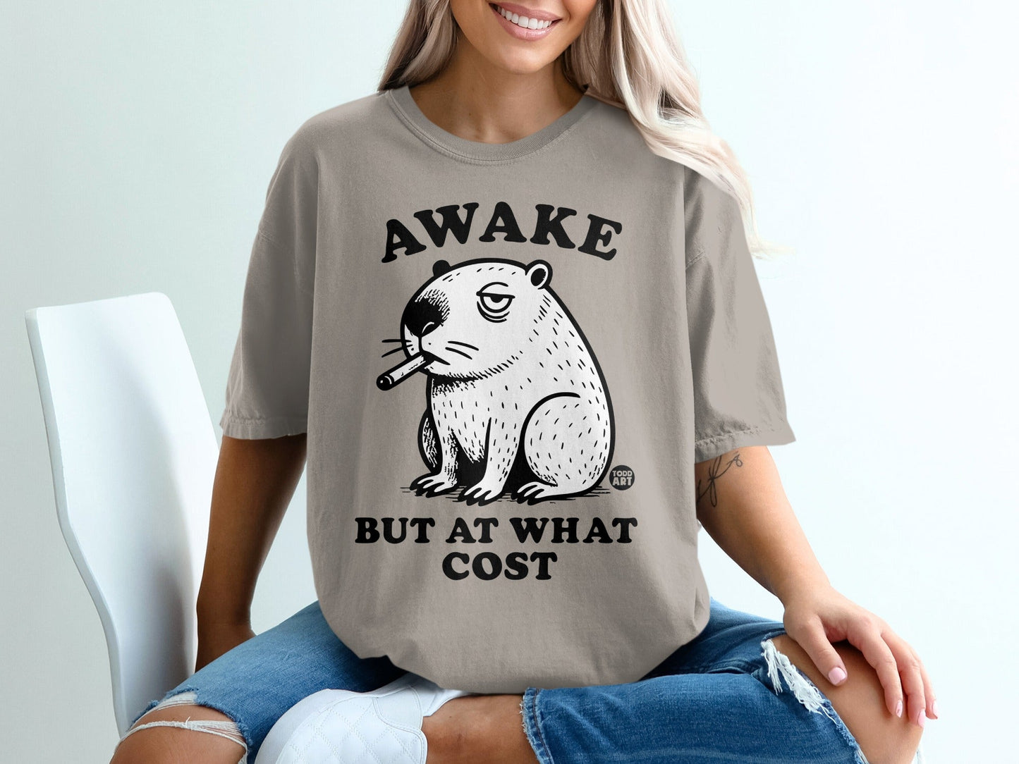 Awake but at What Cost Funny Smoking Bear Shirt