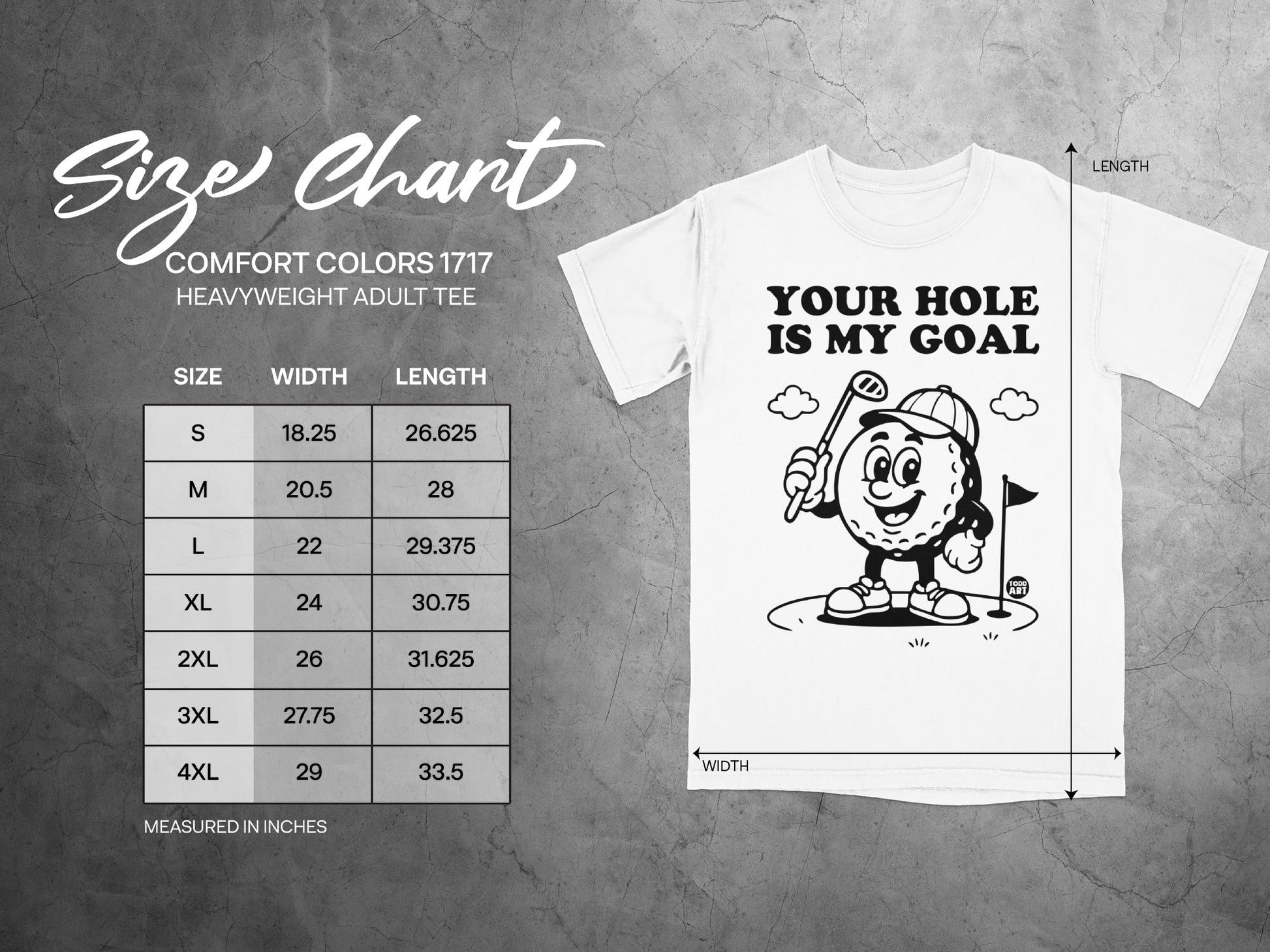Comfort Colors 1717 size chart for heavyweight adult tees, measured in inches.