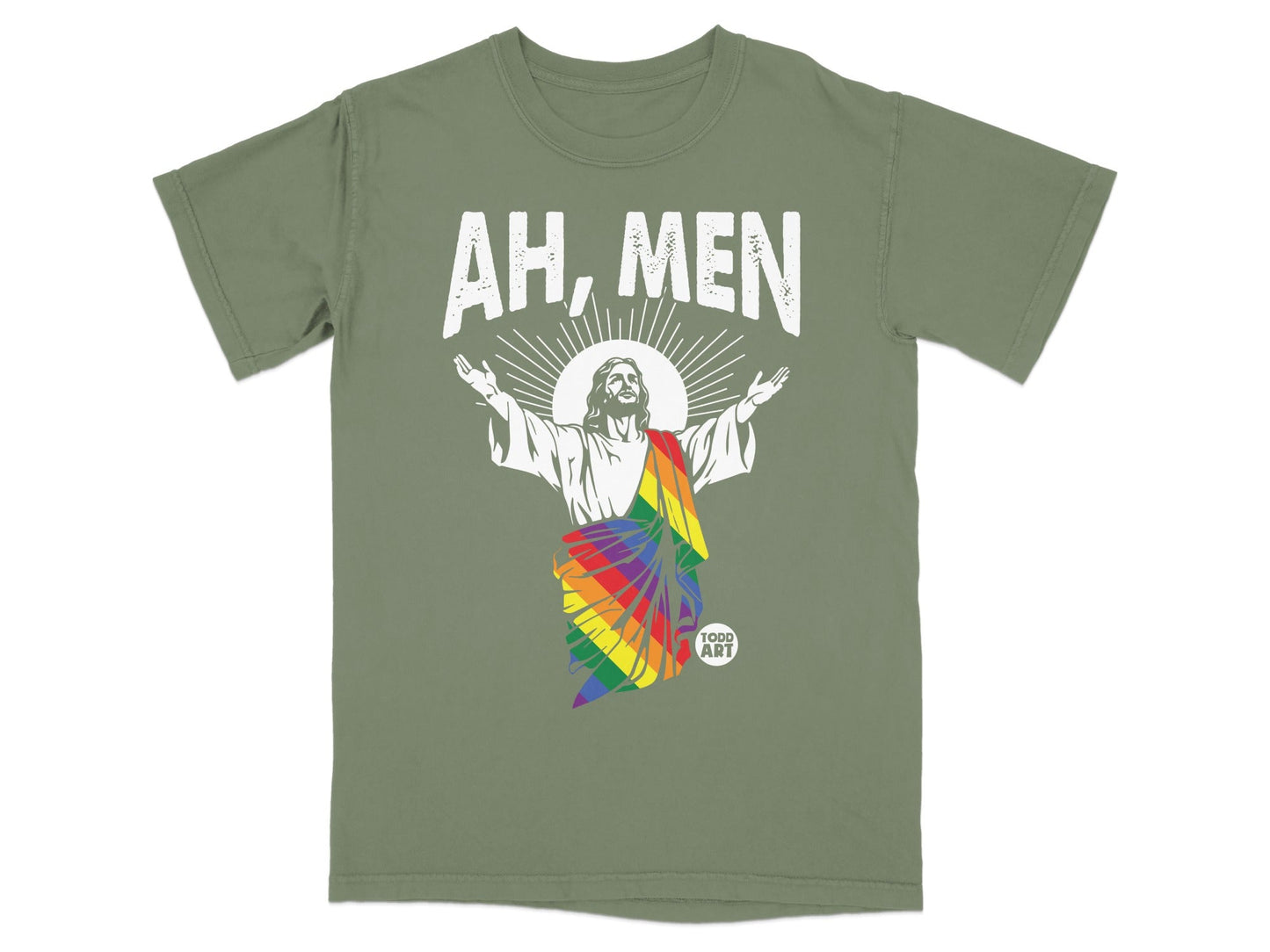 Green t-shirt with Jesus wearing a rainbow flag draped over his shoulders and "AH, MEN" text.