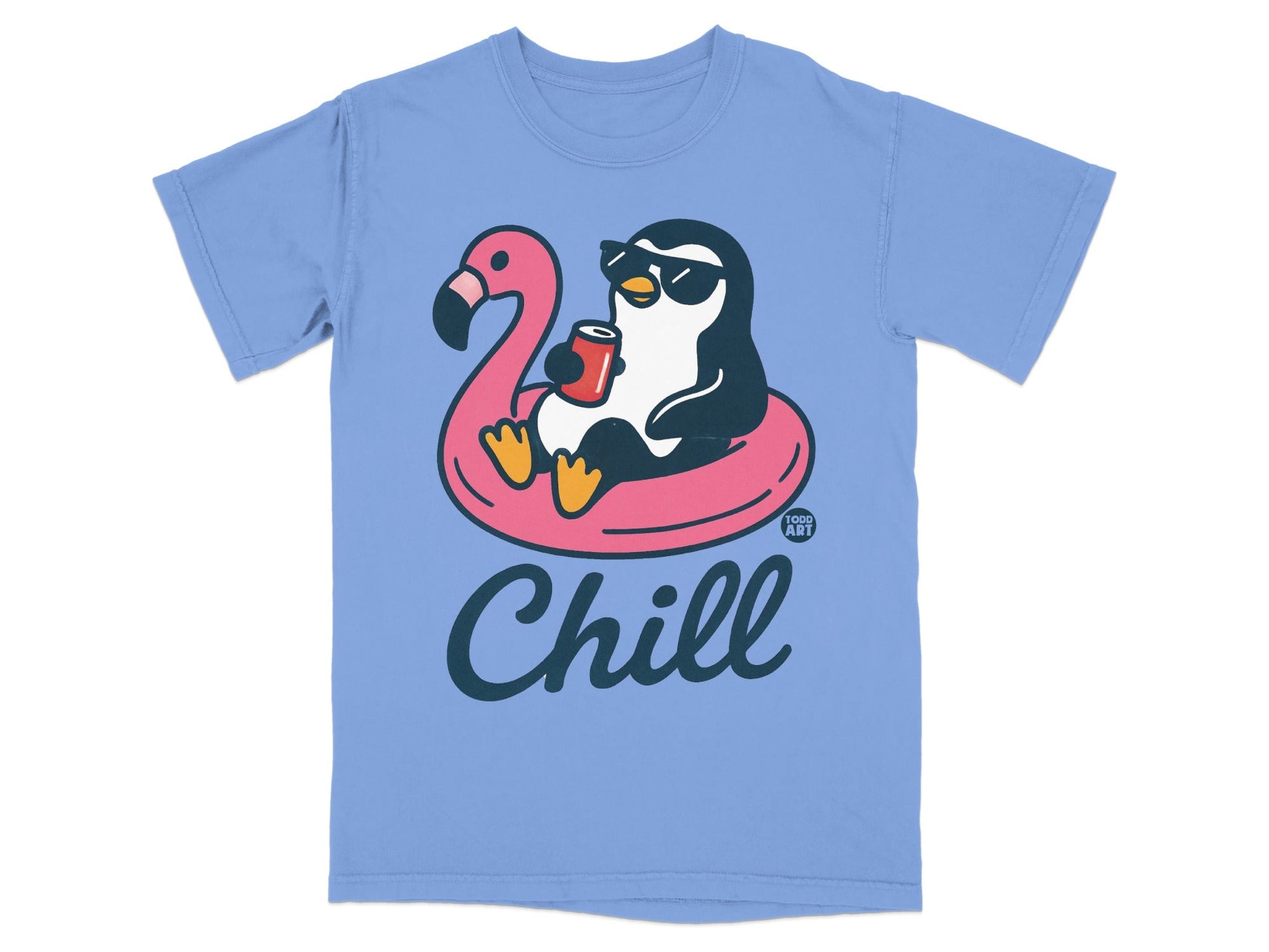 Penguin in sunglasses floating on a flamingo pool float, holding a drink, text "Chill".