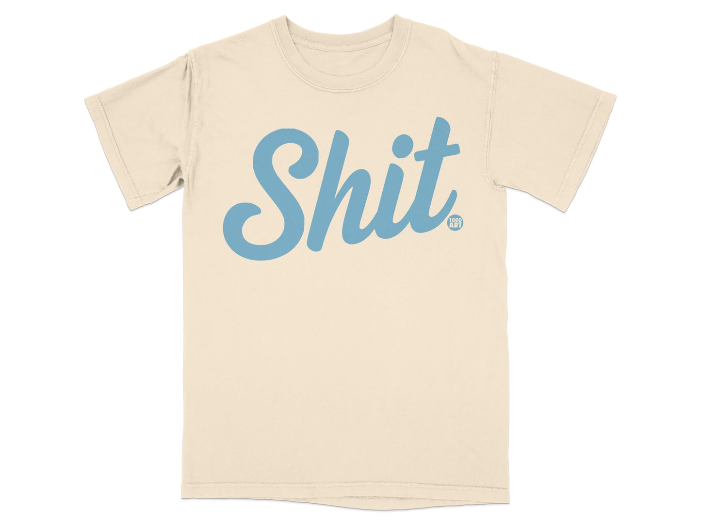 Cream t-shirt with "Shit" in blue script and a small blue logo.