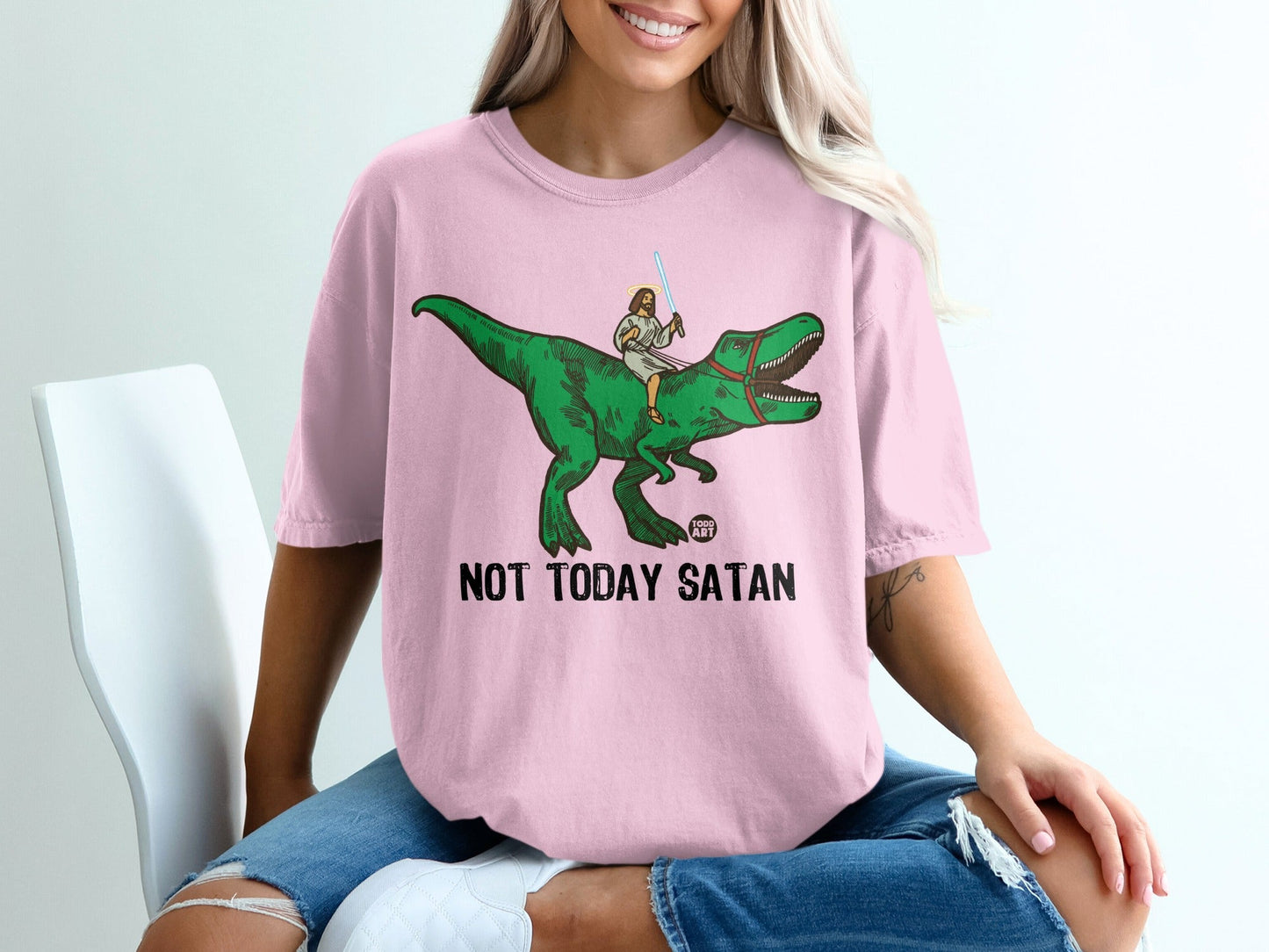 Jesus on a T-Rex with a sword, "Not Today Satan" text.
