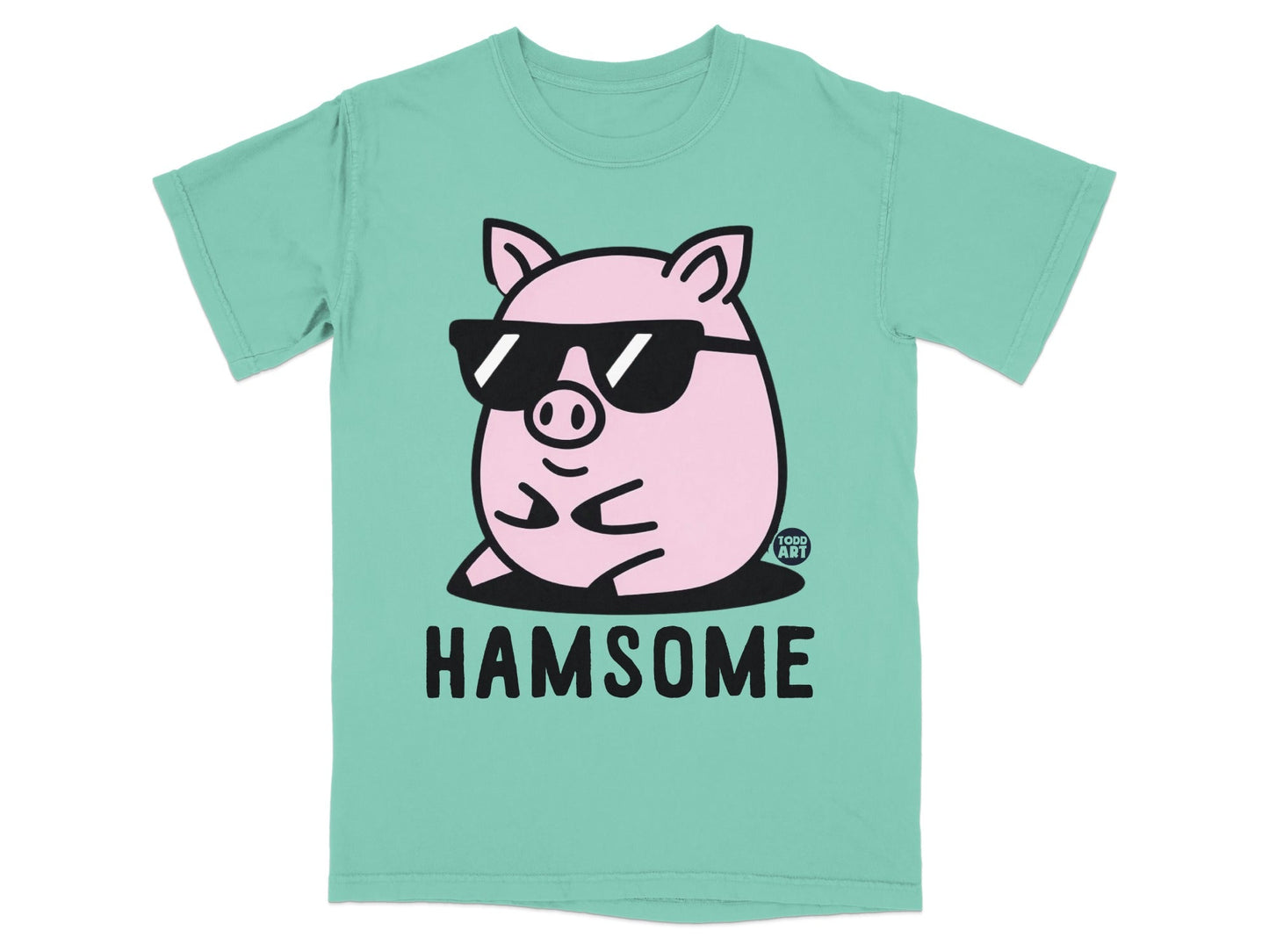T-shirt with a cartoon pig wearing sunglasses and the word "HAMSOME".