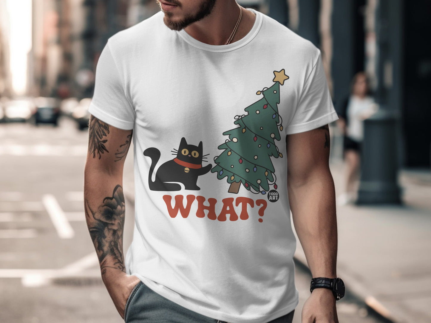 Humorous Cat and Christmas Tree Design Shirt