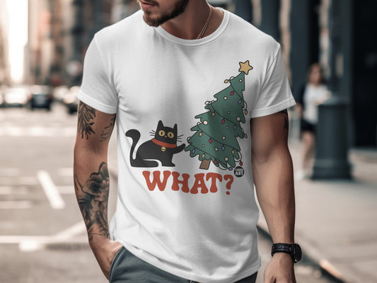 Humorous Cat and Christmas Tree Design Shirt
