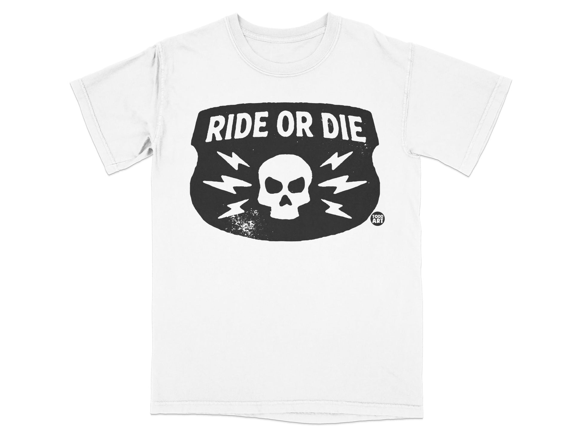 White t-shirt with black "RIDE OR DIE" text, skull, and lightning bolts graphic.