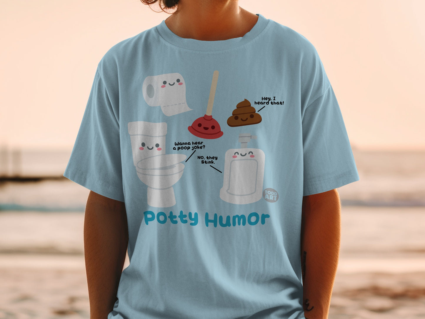Toilet, toilet paper, plunger, and poop characters with text "Potty Humor".