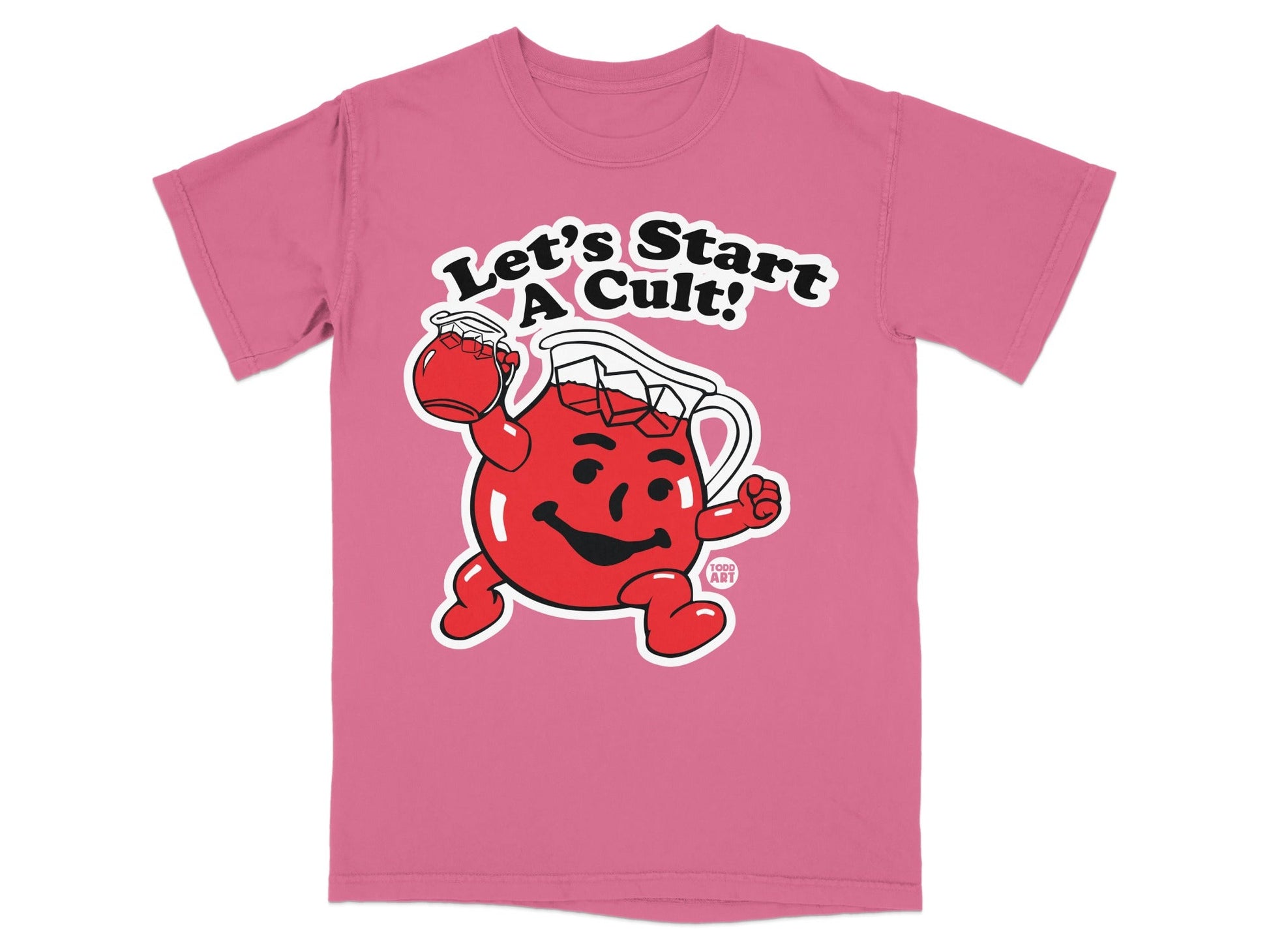 Pink t-shirt with Kool-Aid Man character and "Let's Start A Cult!" text.