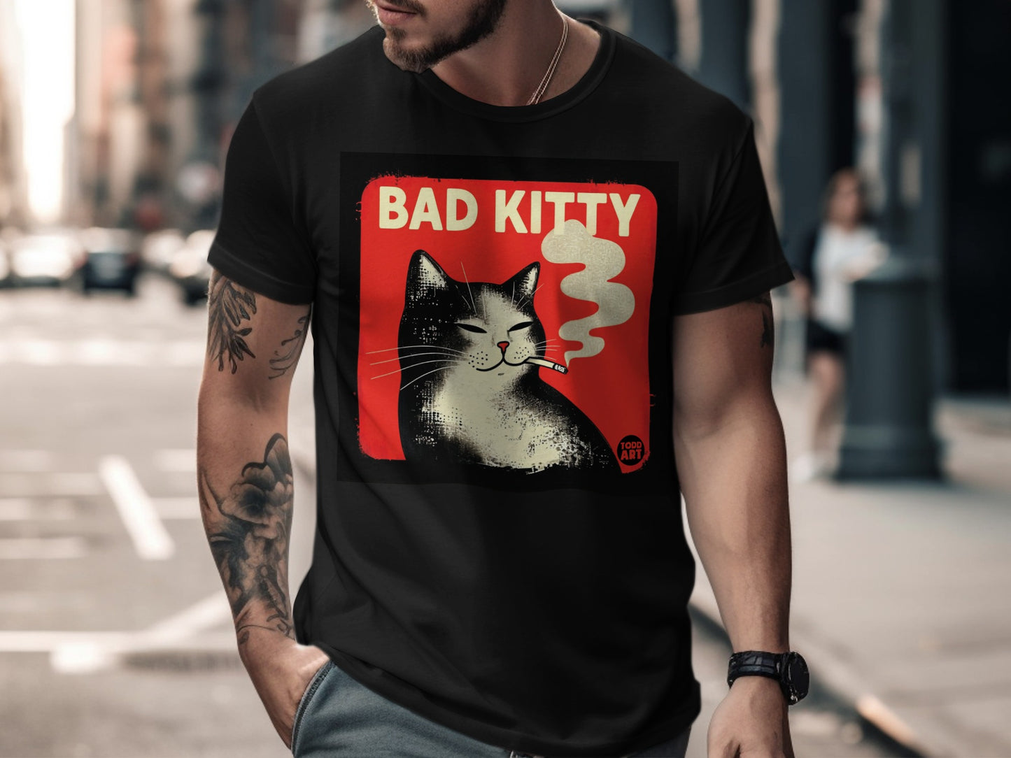 Bad Kitty Smoking Cat Graphic T-Shirt for Sale