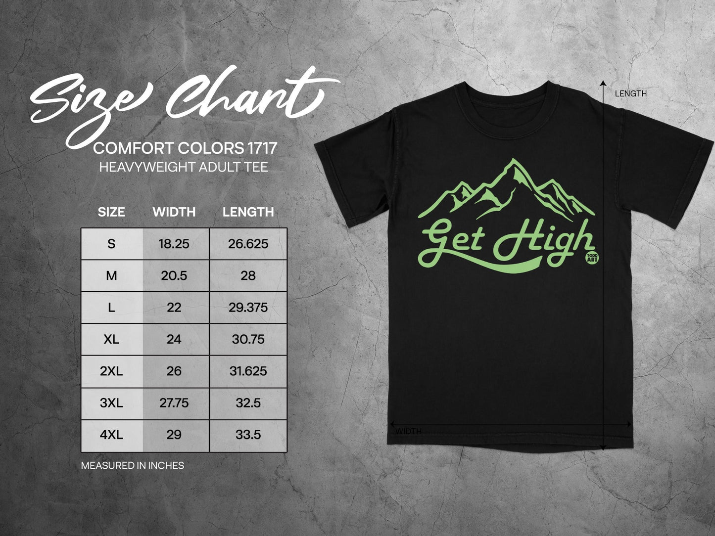 Size chart for Comfort Colors 1717 heavyweight adult tee.