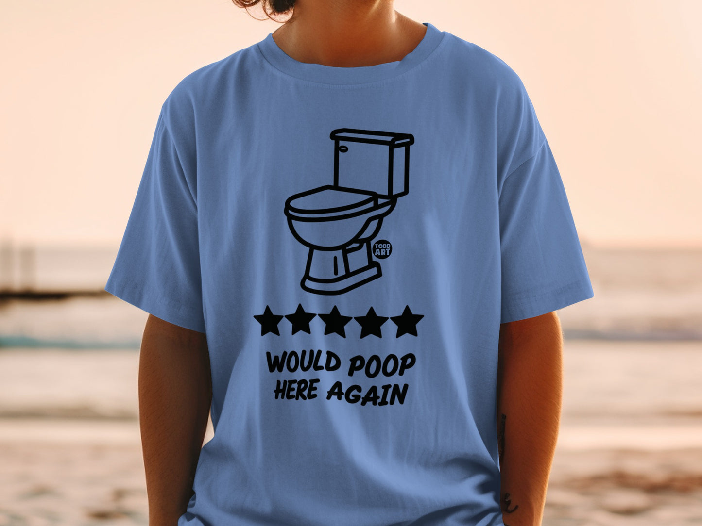 Blue t-shirt with toilet graphic, five stars, and text "WOULD POOP HERE AGAIN".