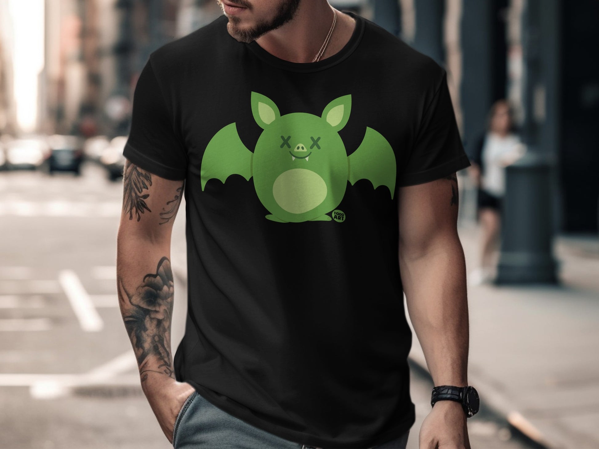 Spooky Green Bat Graphic Black Tee Shirt