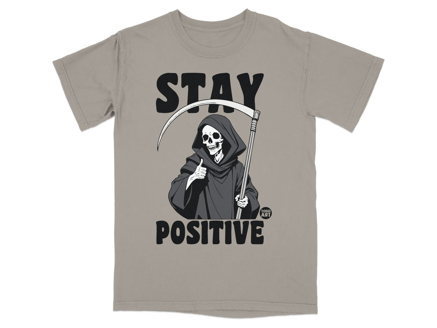 Grim reaper giving thumbs up with "STAY POSITIVE" text.