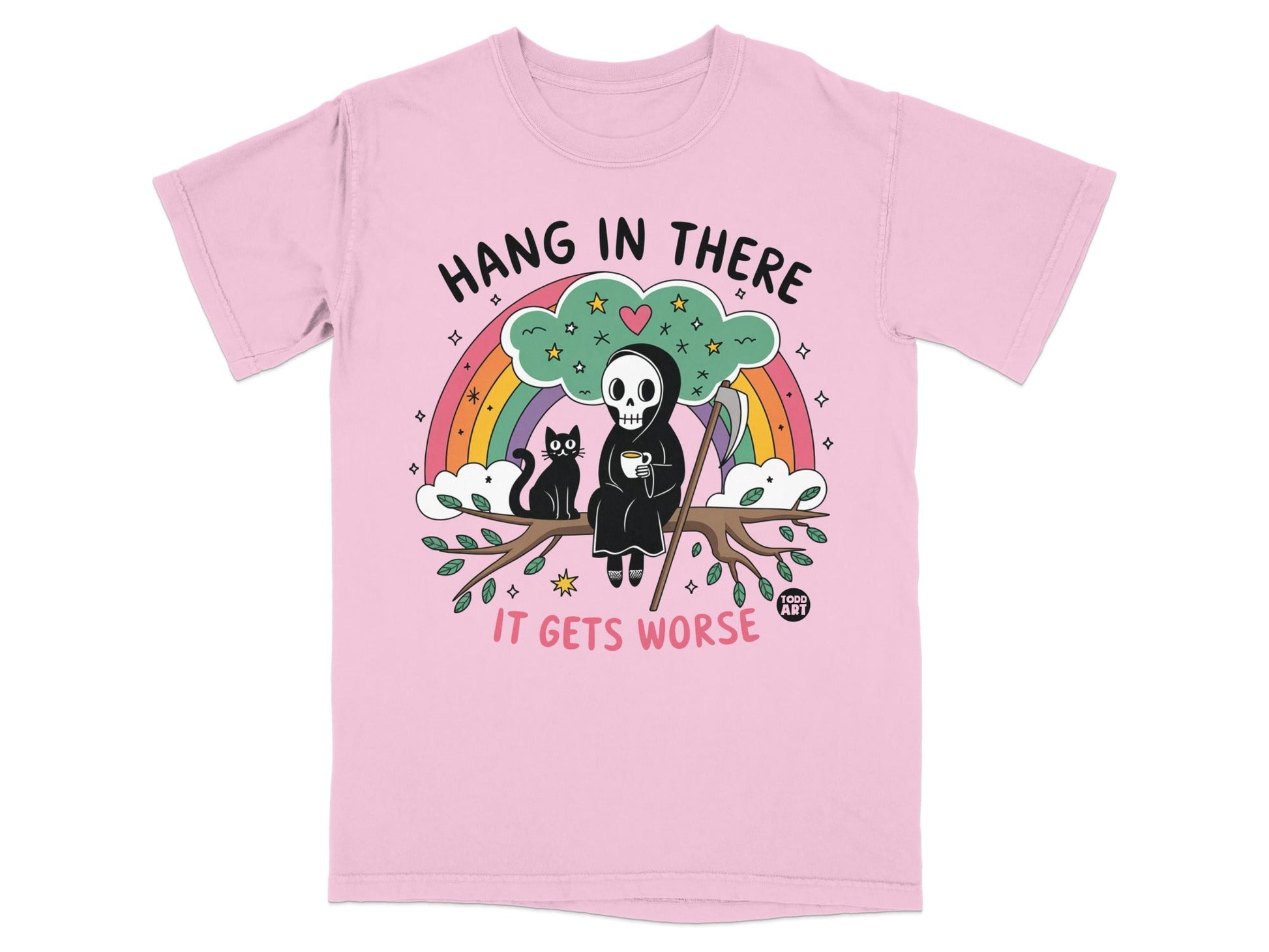 Pink t-shirt graphic: skeleton grim reaper and black cat on a branch, rainbow.
