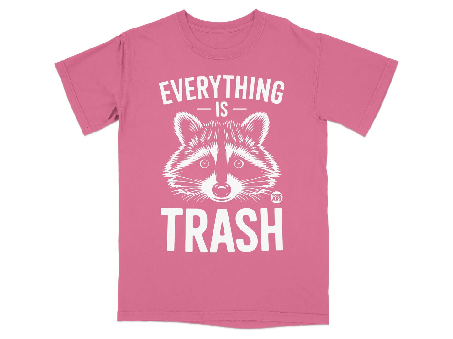 Pink t-shirt with raccoon graphic and "EVERYTHING IS TRASH" text.