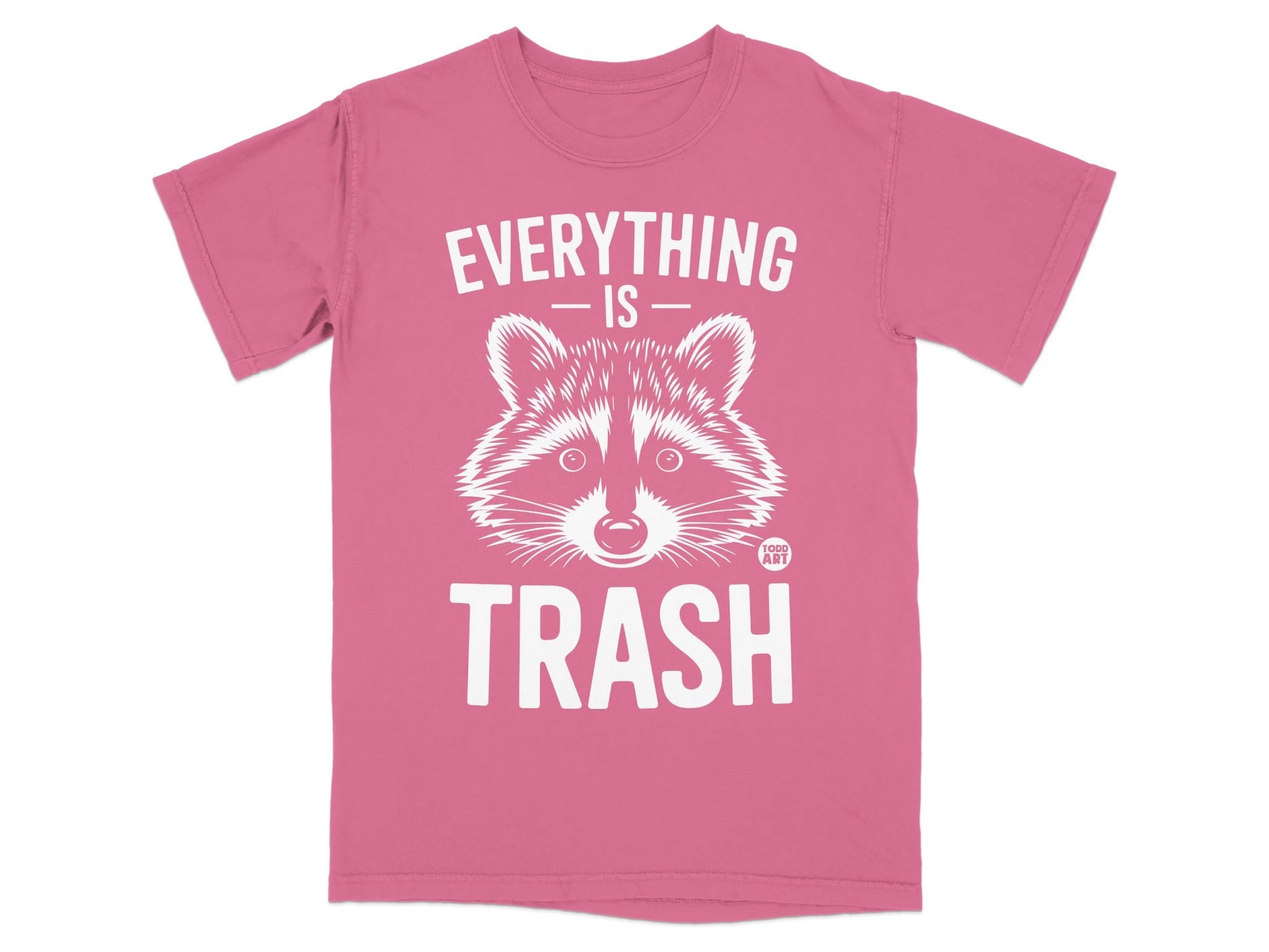 Pink t-shirt with raccoon graphic and "EVERYTHING IS TRASH" text.