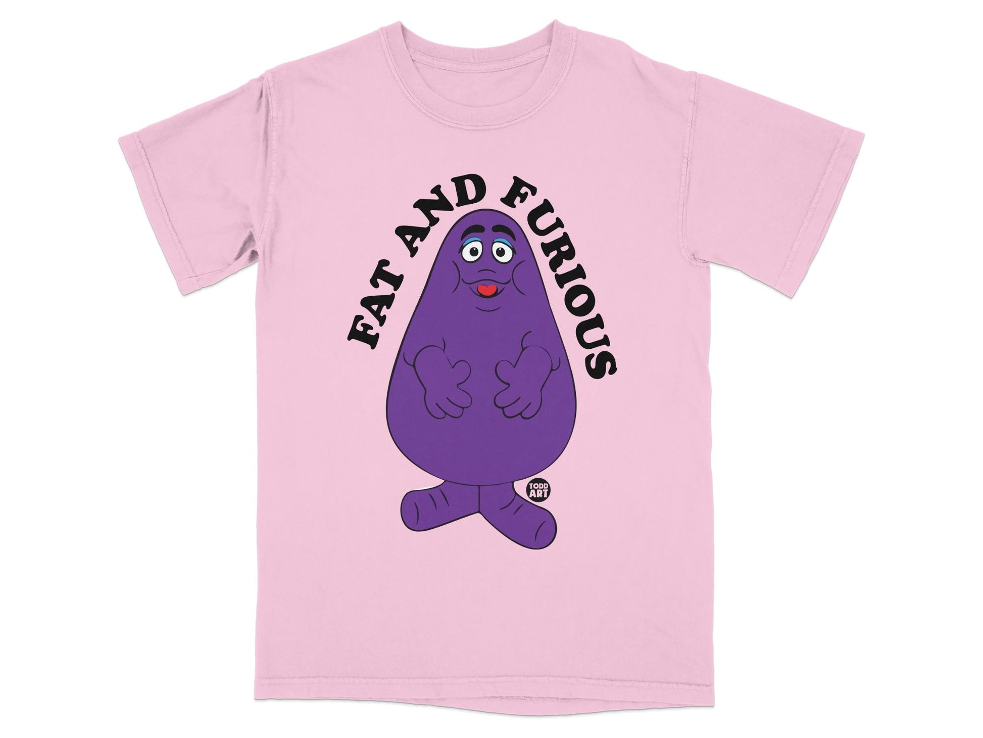 Pink t-shirt with Grimace mascot and "Fat and Furious" text.
