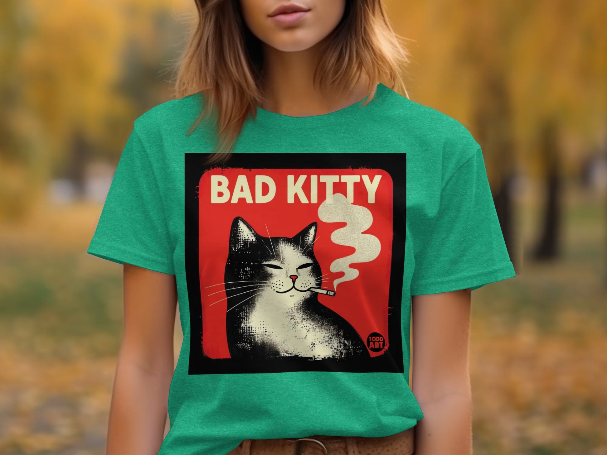 Bad Kitty Graphic Tee with Smoking Cat Design Shirt