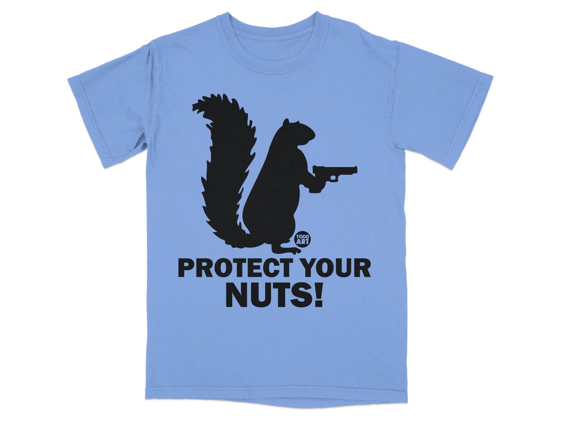 Squirrel silhouette holding a gun with text "PROTECT YOUR NUTS!".