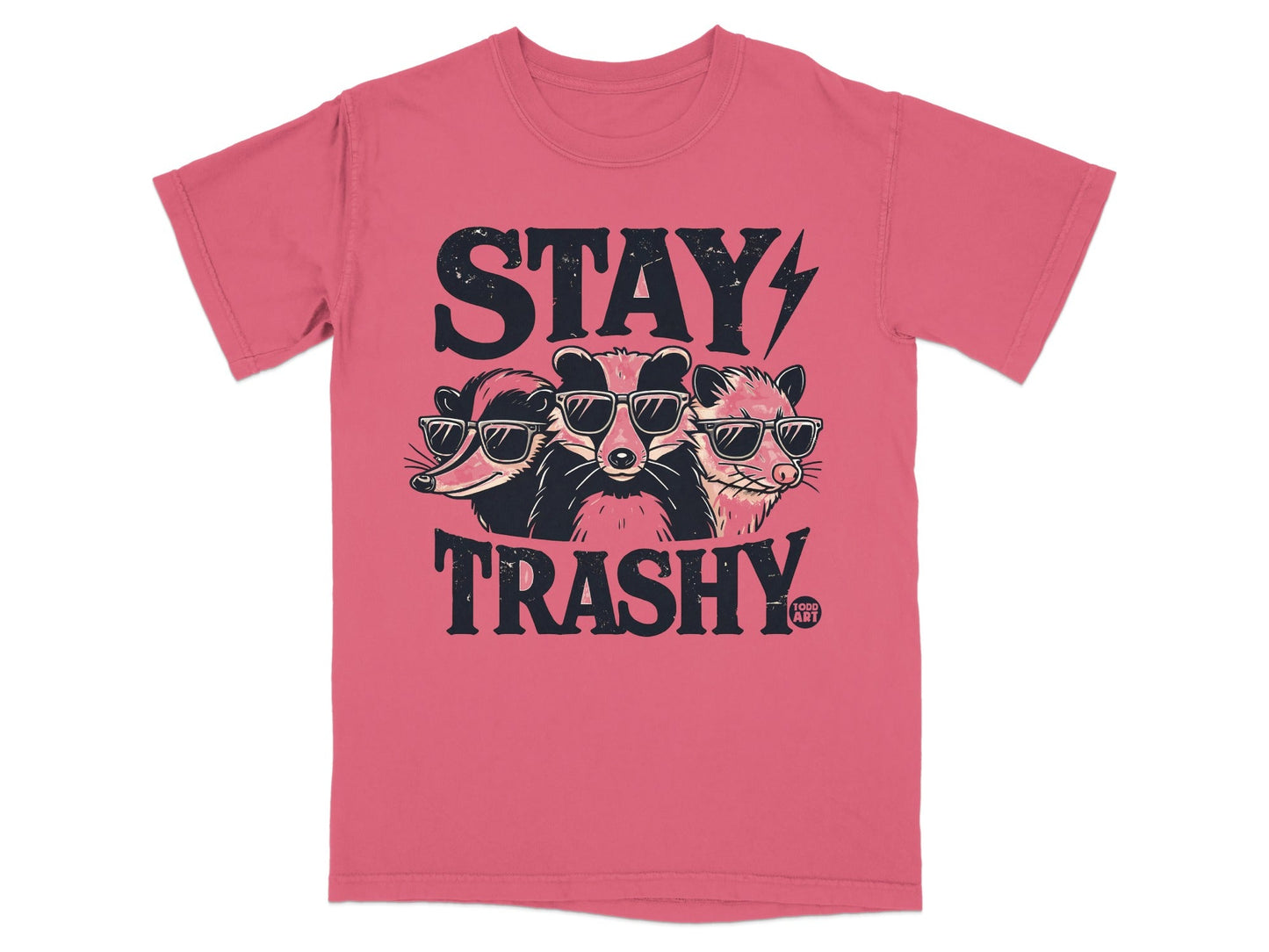 T-shirt with "STAY TRASHY" and cartoon raccoons wearing sunglasses.