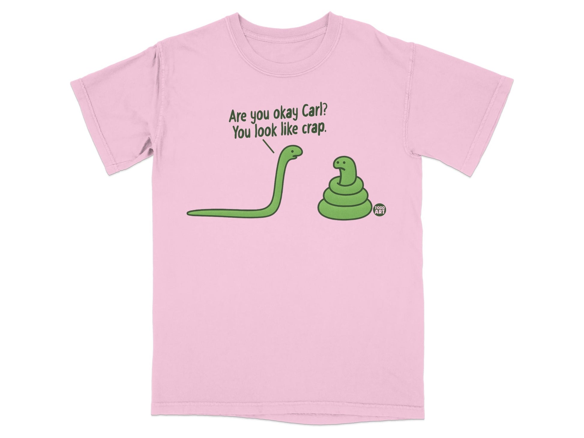 Pink t-shirt with cartoon snake asking another snake "You look like crap."