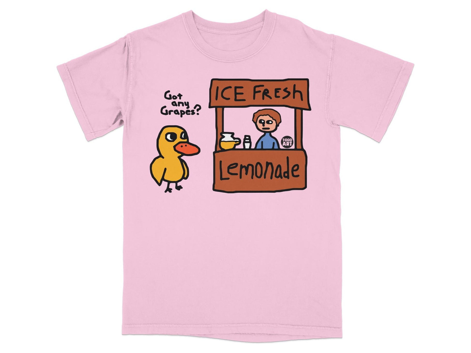 Pink t-shirt with a cartoon duck and lemonade stand.