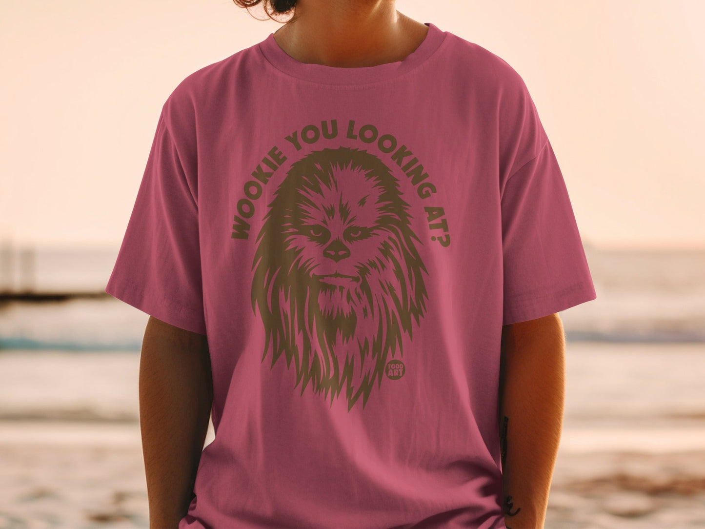 Chewbacca graphic t-shirt with "Wookiee you looking at?" text.