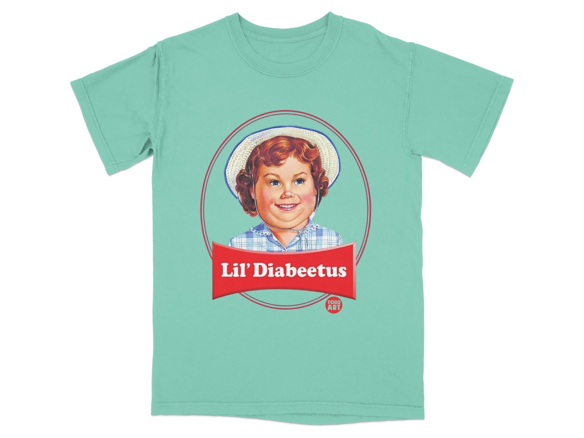 T-shirt with a circular graphic of a child's face and "Lil' Diabeetus" text.