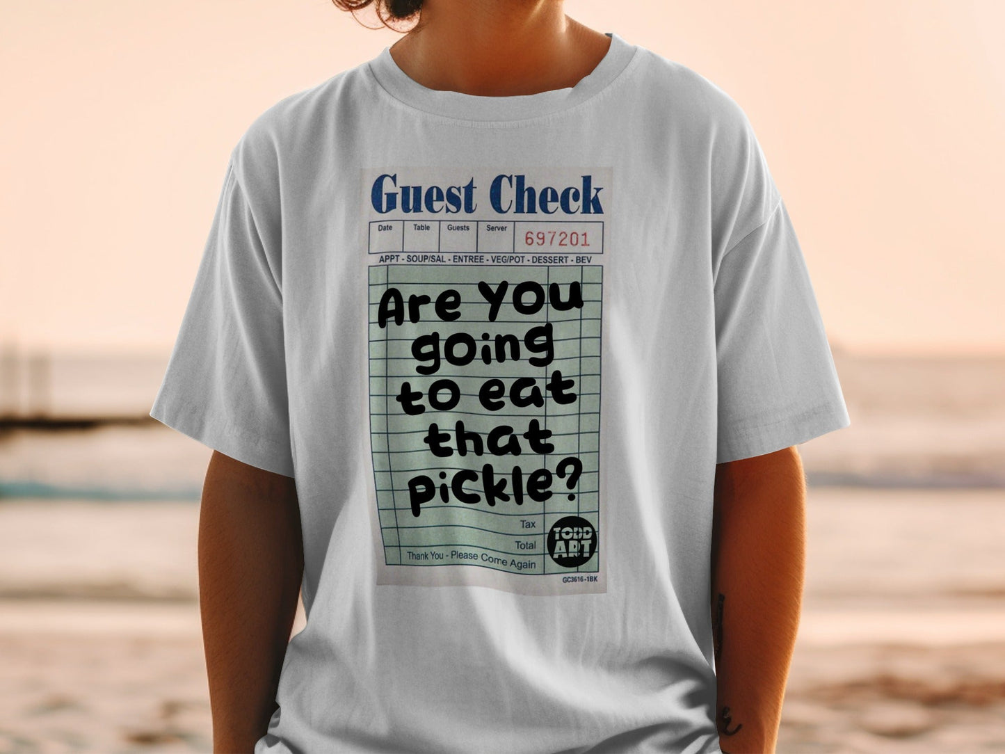 White t-shirt with a guest check graphic asking "Are you going to eat that pickle?".