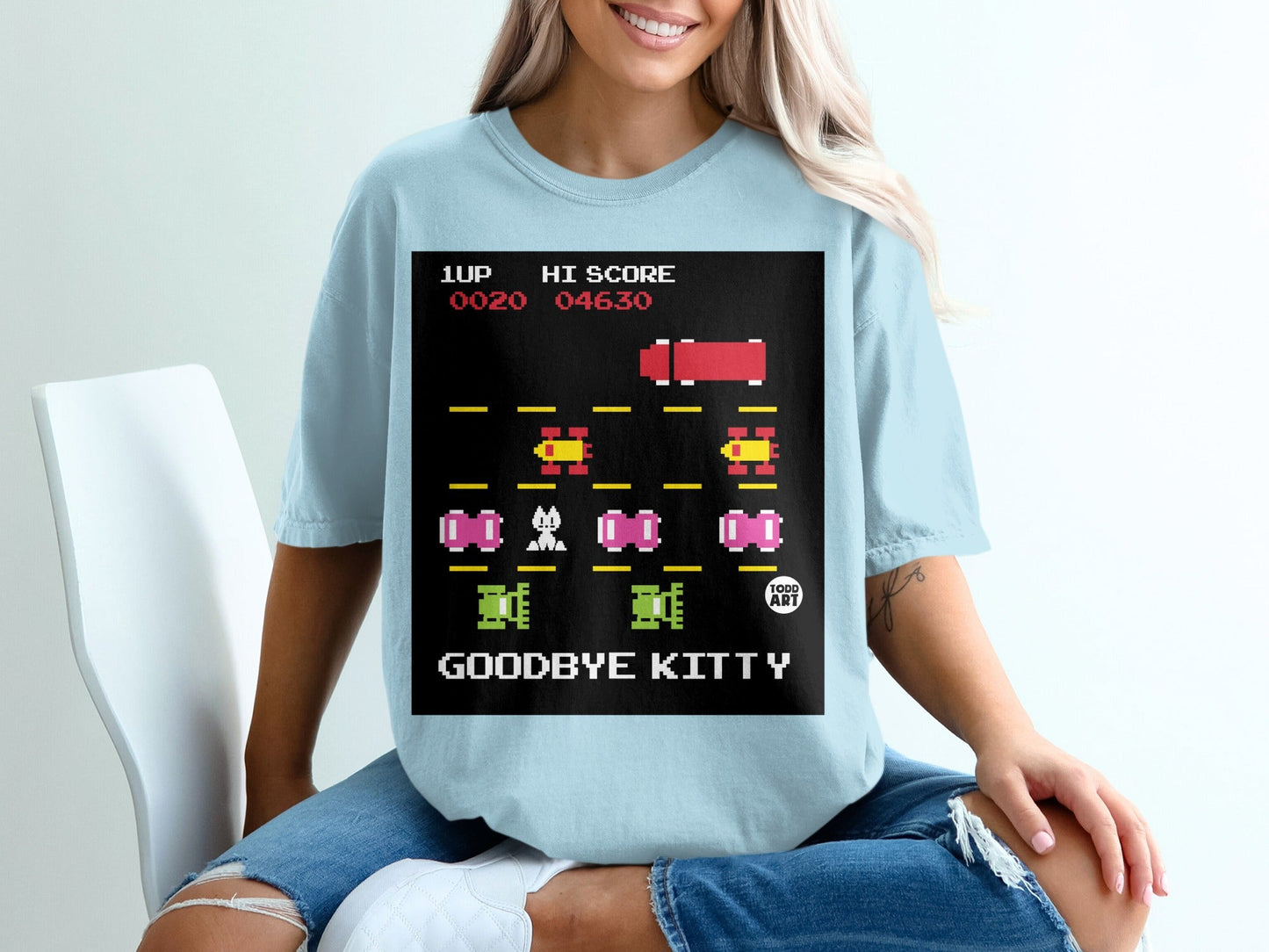 Retro Arcade Style Goodbye Kitty Graphic T-shirt