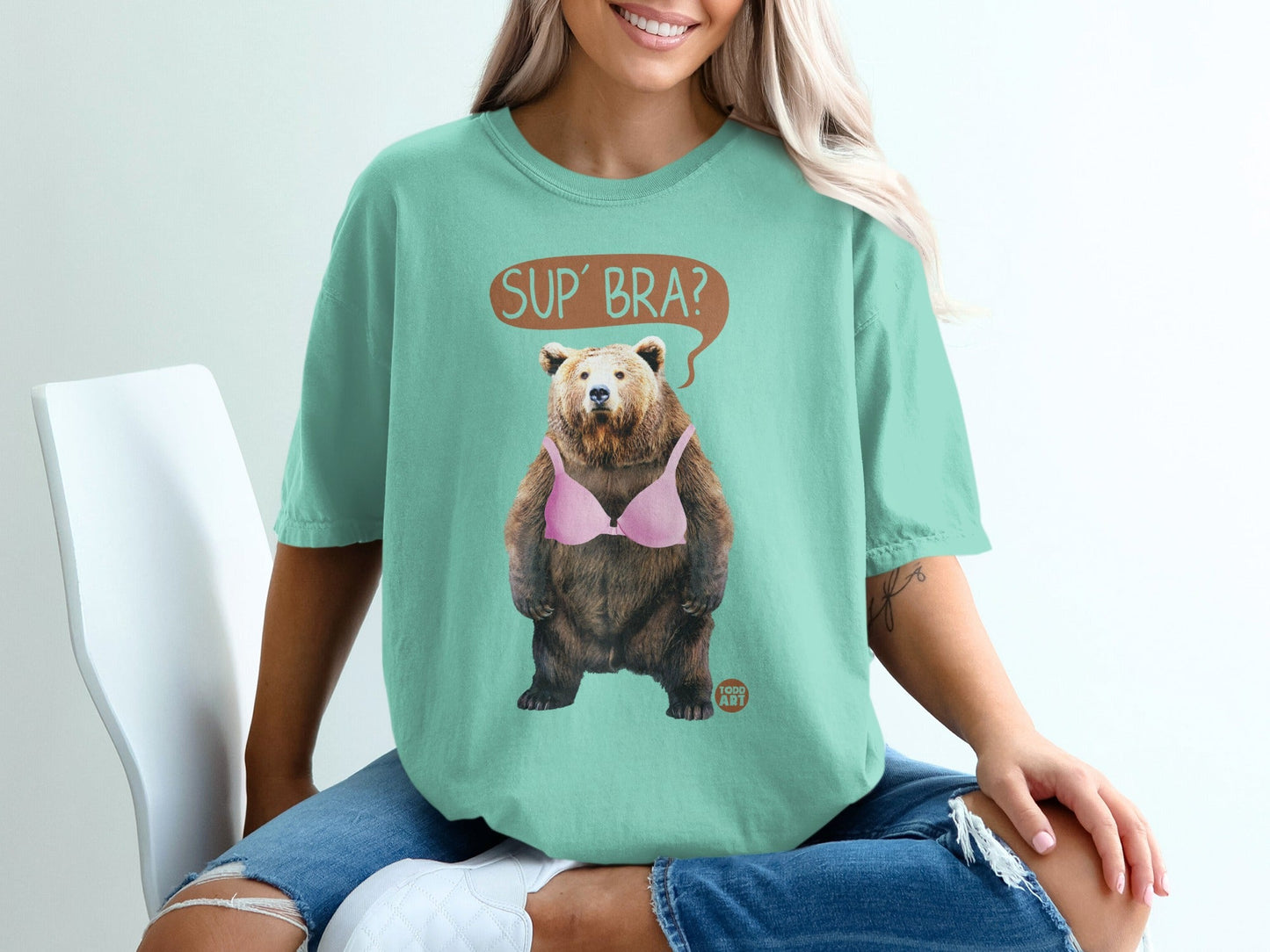 Funny Bear Wearing Pink Bra T-shirt with Statement