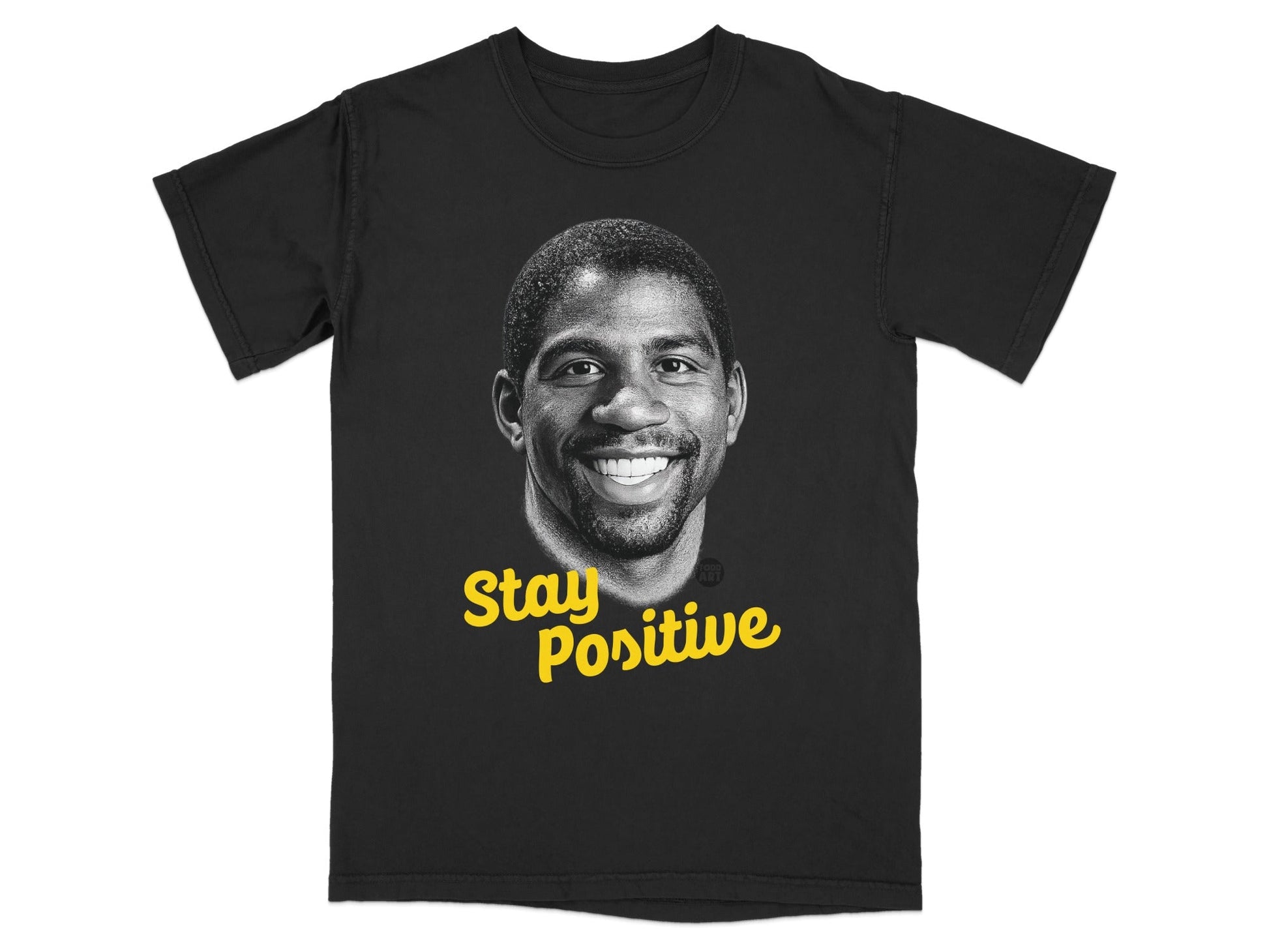 Black t-shirt with a portrait of Magic Johnson and "Stay Positive" text.